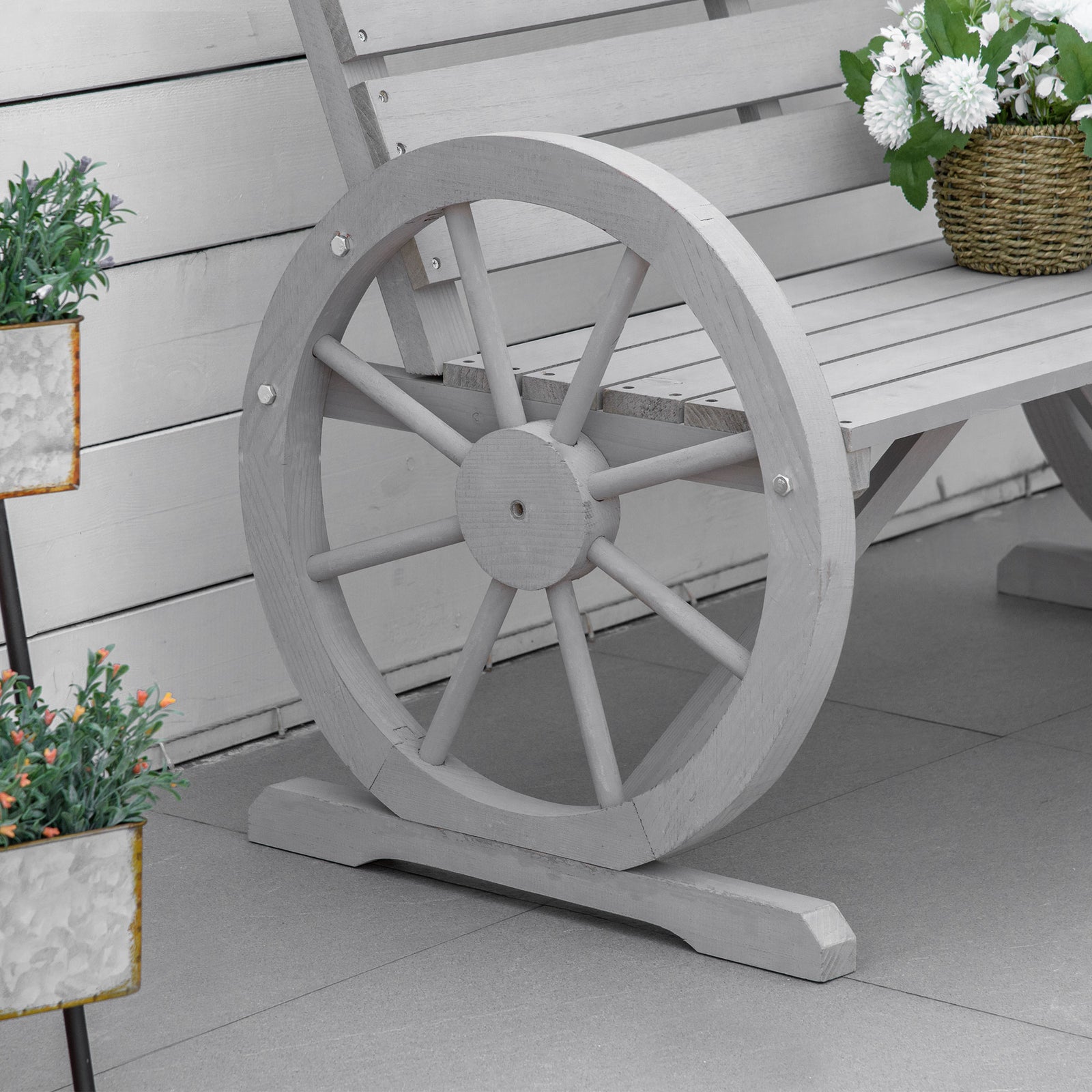 2 Seater Garden Bench W/ Wooden Cart Wagon Wheel Rustic Back | Charcoal Gray