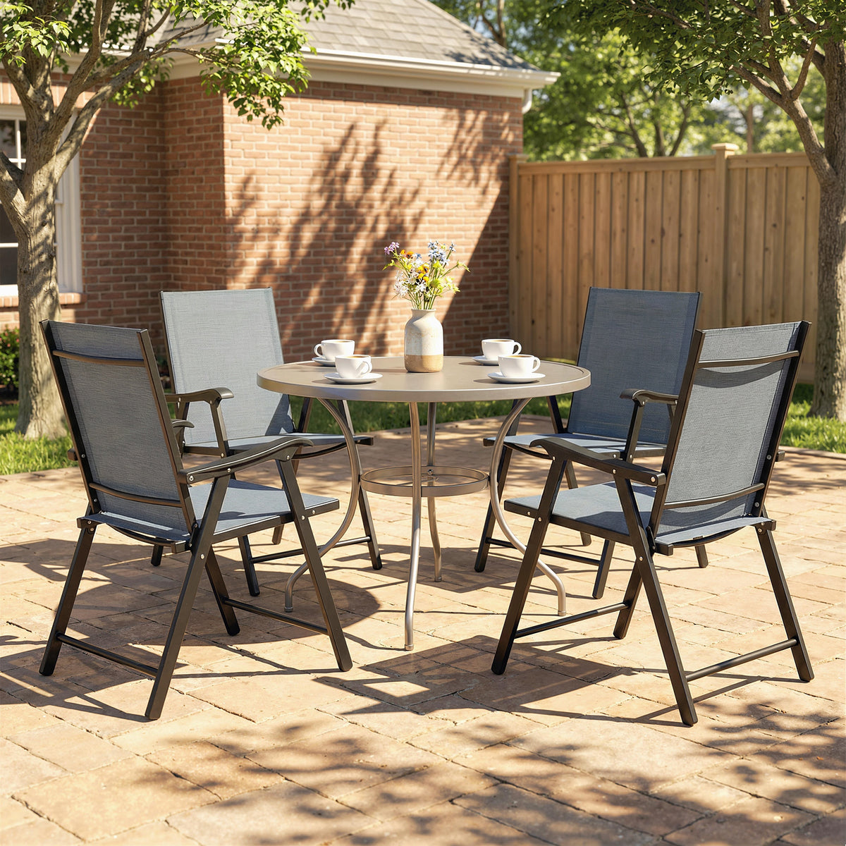 Folding Garden Chairs Set With High Back, Armrests | Set of 4 | Grey