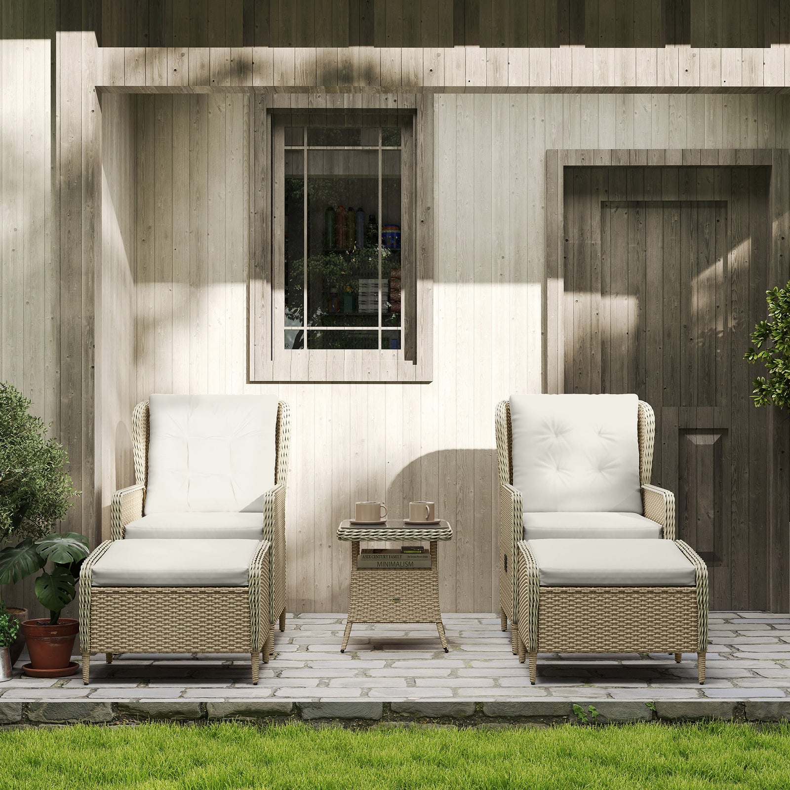 5 Piece Rattan Set With Recliners, 2-tier Coffee Table | Light Grey