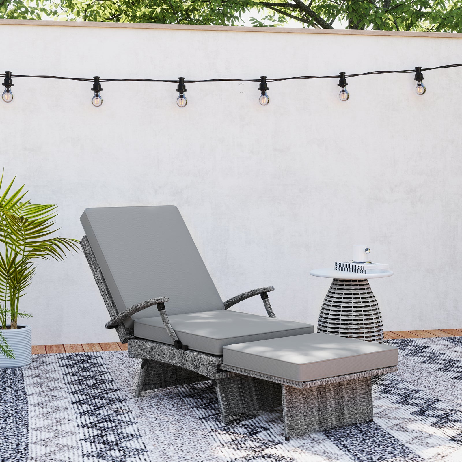 Foldable Rattan Garden Recliner Chair W/ Cushion, Footrest | Light Grey