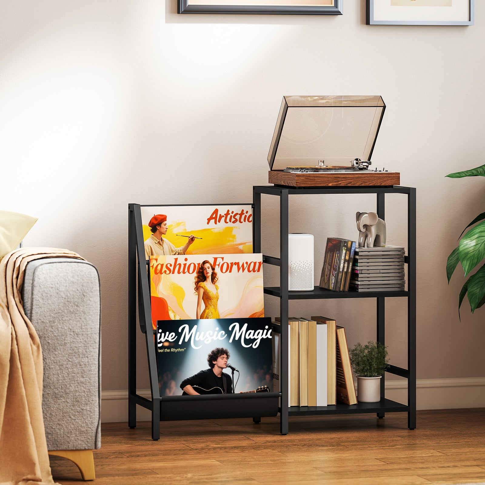 Record Player Stand, 3-tier Side Table With Vinyl Record Storage | Black