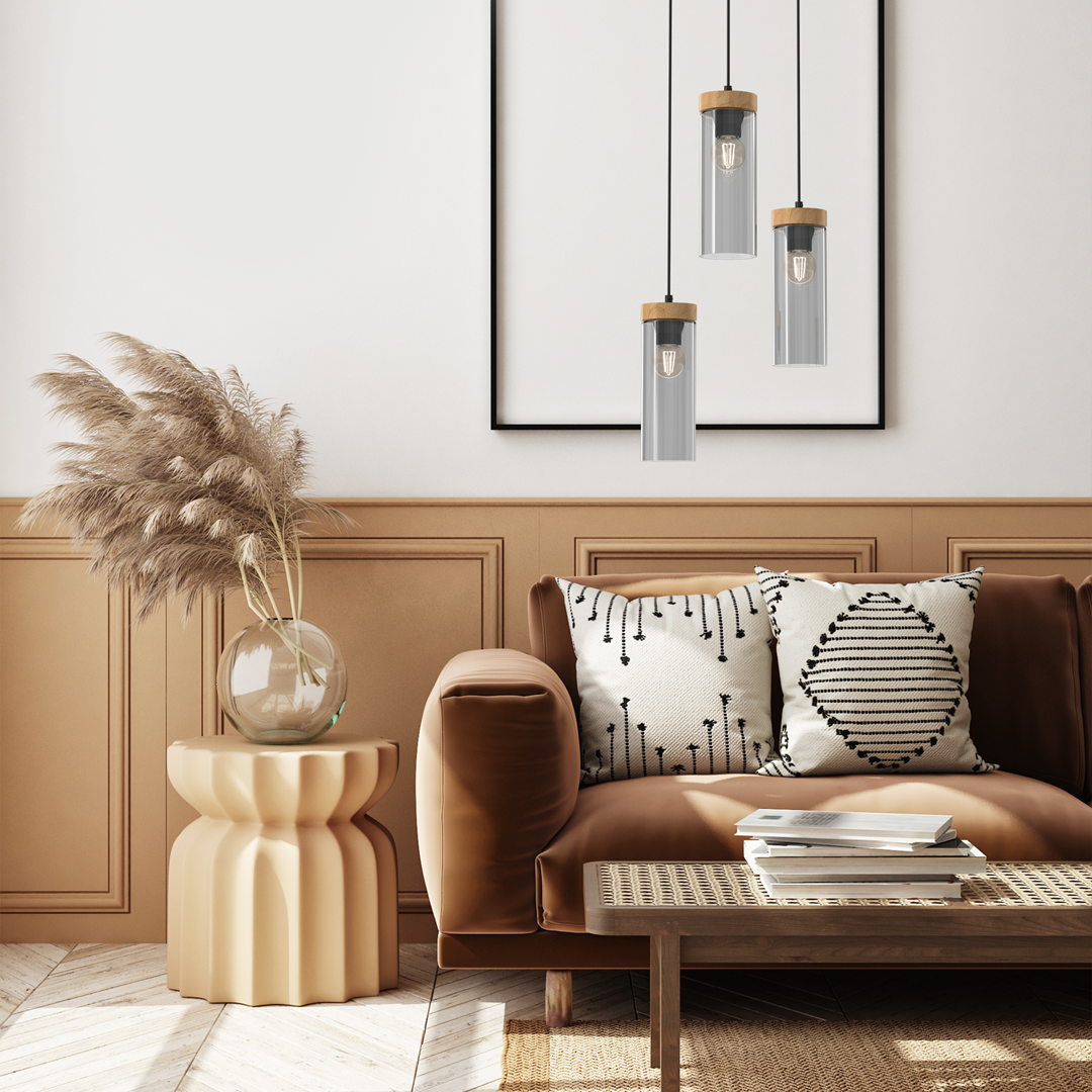 Elica Hand Made Designer Pendant Lamp With Elegant Smoked Glass Cylindrical Shades Circular Fitting
