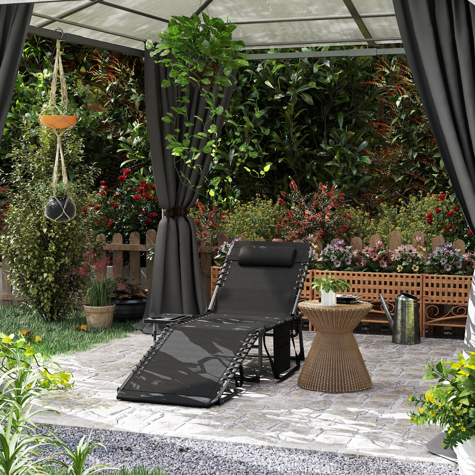 Folding Sun Lounger With 5-level Reclining Back, Side Table | Black