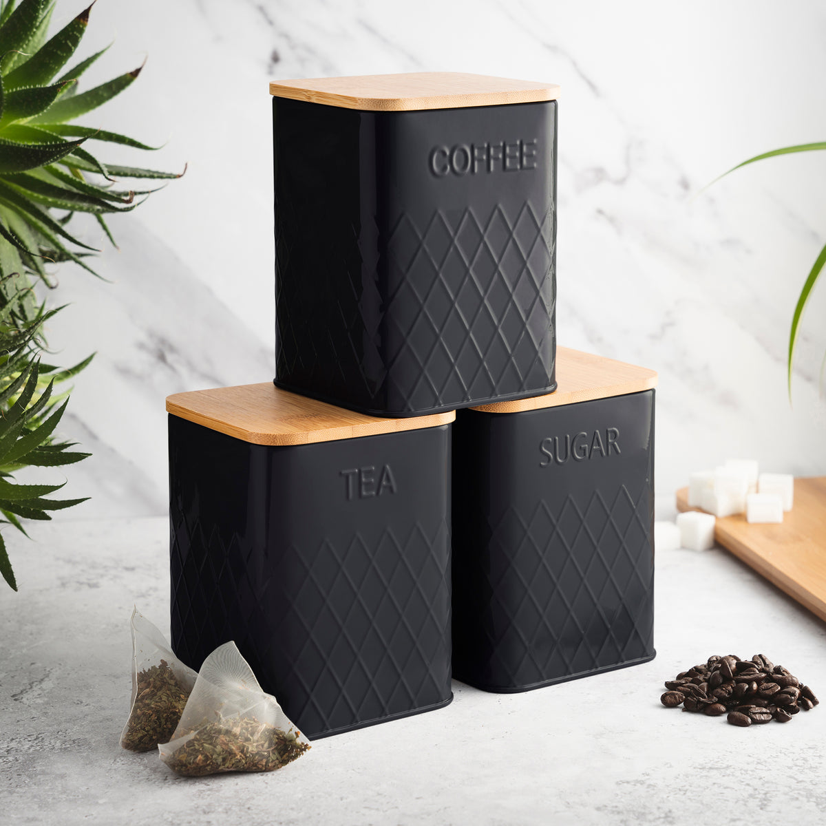 3-piece Kitchen Storage Square With Bamboo Lids Tea Coffee Sugar | Black