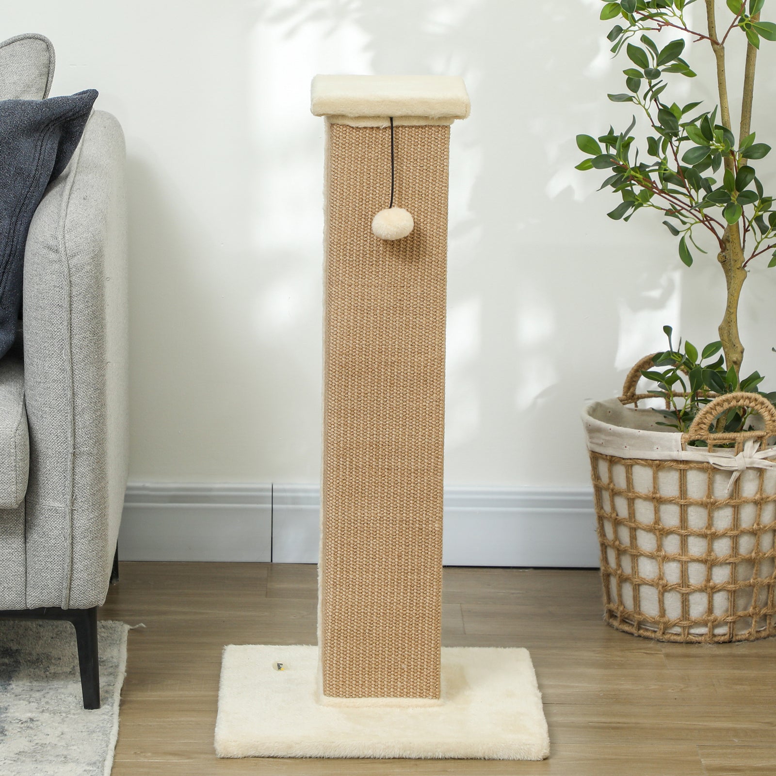 81cm Cat Scratching Post W/ Sisal Rope, Hanging Ball Soft Plush | Beige
