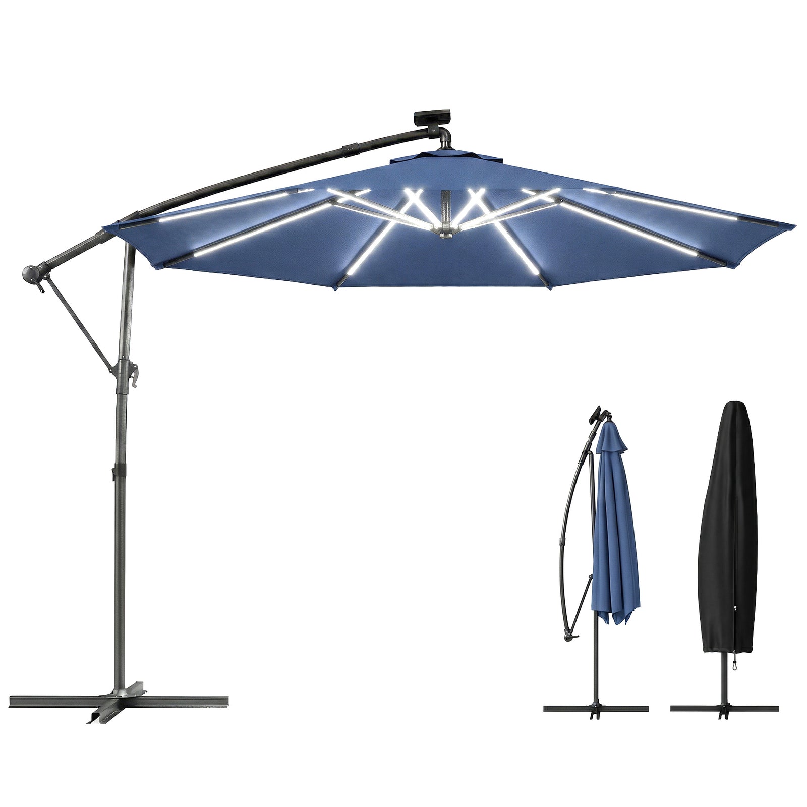 3 M Garden Cantilever Parasol With Solar Light, Rotation | Navy Blue