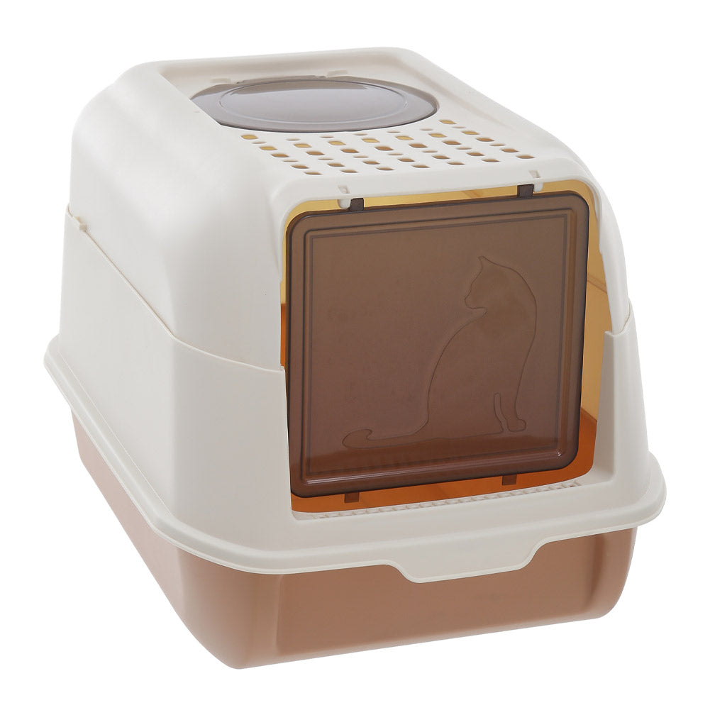 Large Hooded Top Entry Cat Litter Box With Scoop | Orange