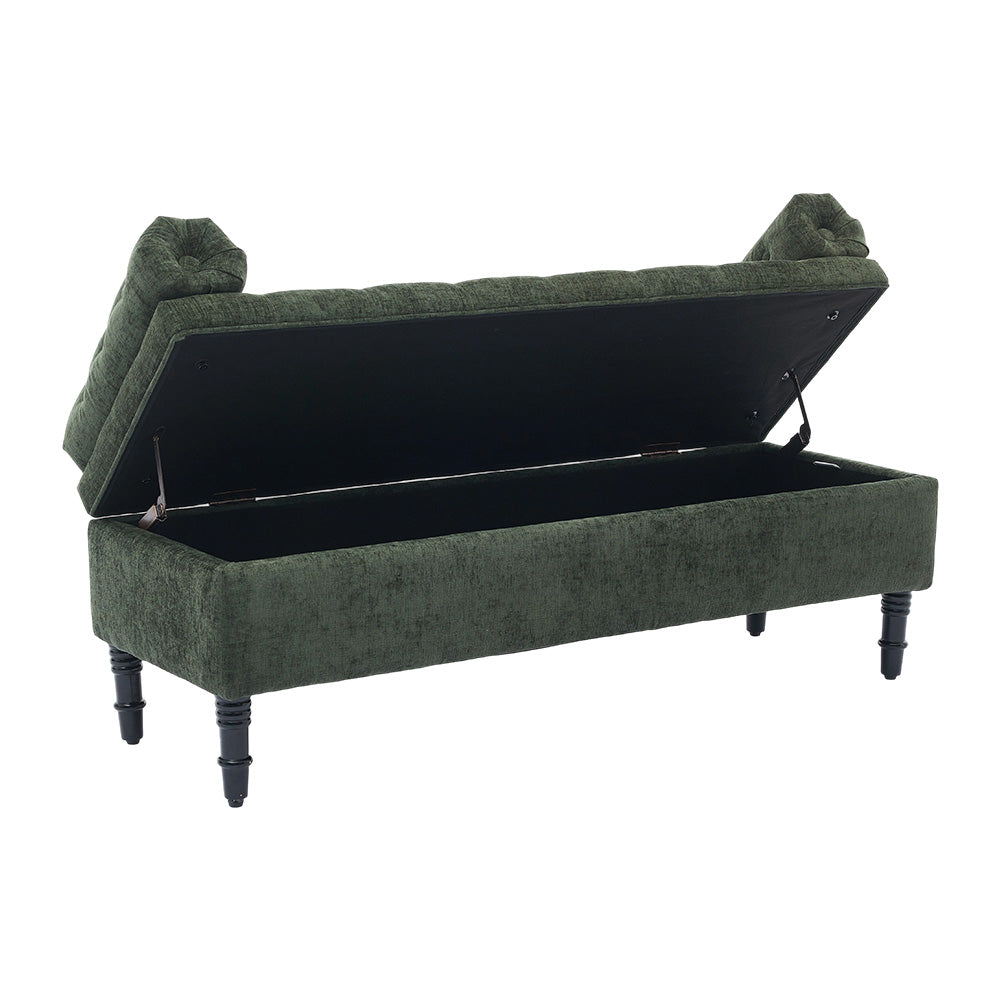 Chenille Fabric Storage Bench – Upholstered Seat With Pillowed Armrests & Hidden Compartment, 126cm W | Green