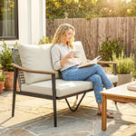 2 Seater Rattan Garden Sofa With Wood-effect Arms, Cushions, Khaki