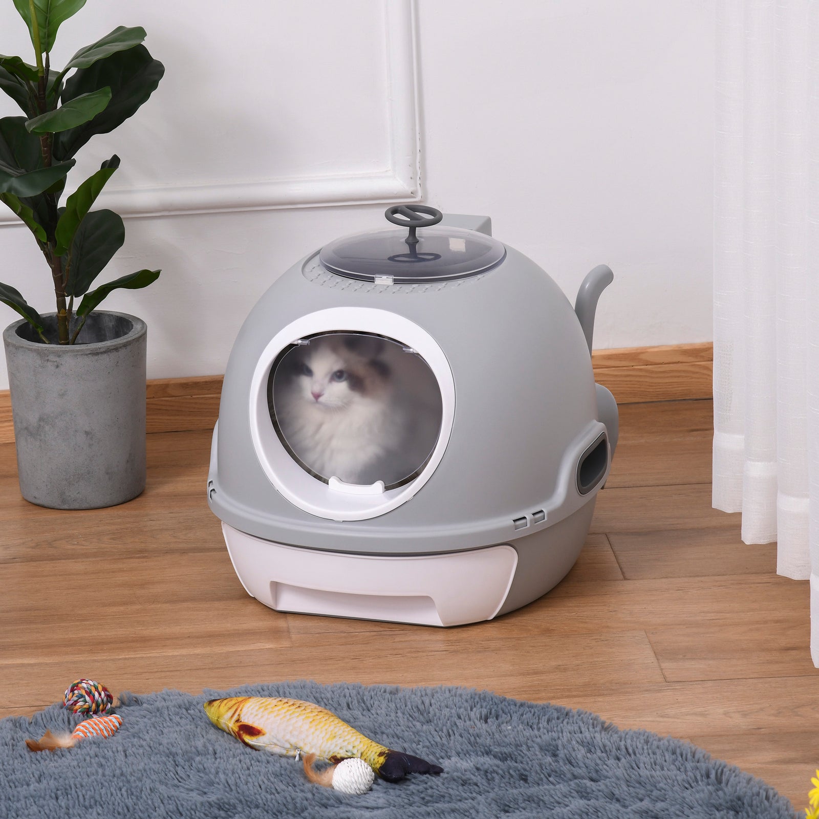 Cat Litter Box Pet Toilet W/ Scoop, Drawer, Skylight | Gray