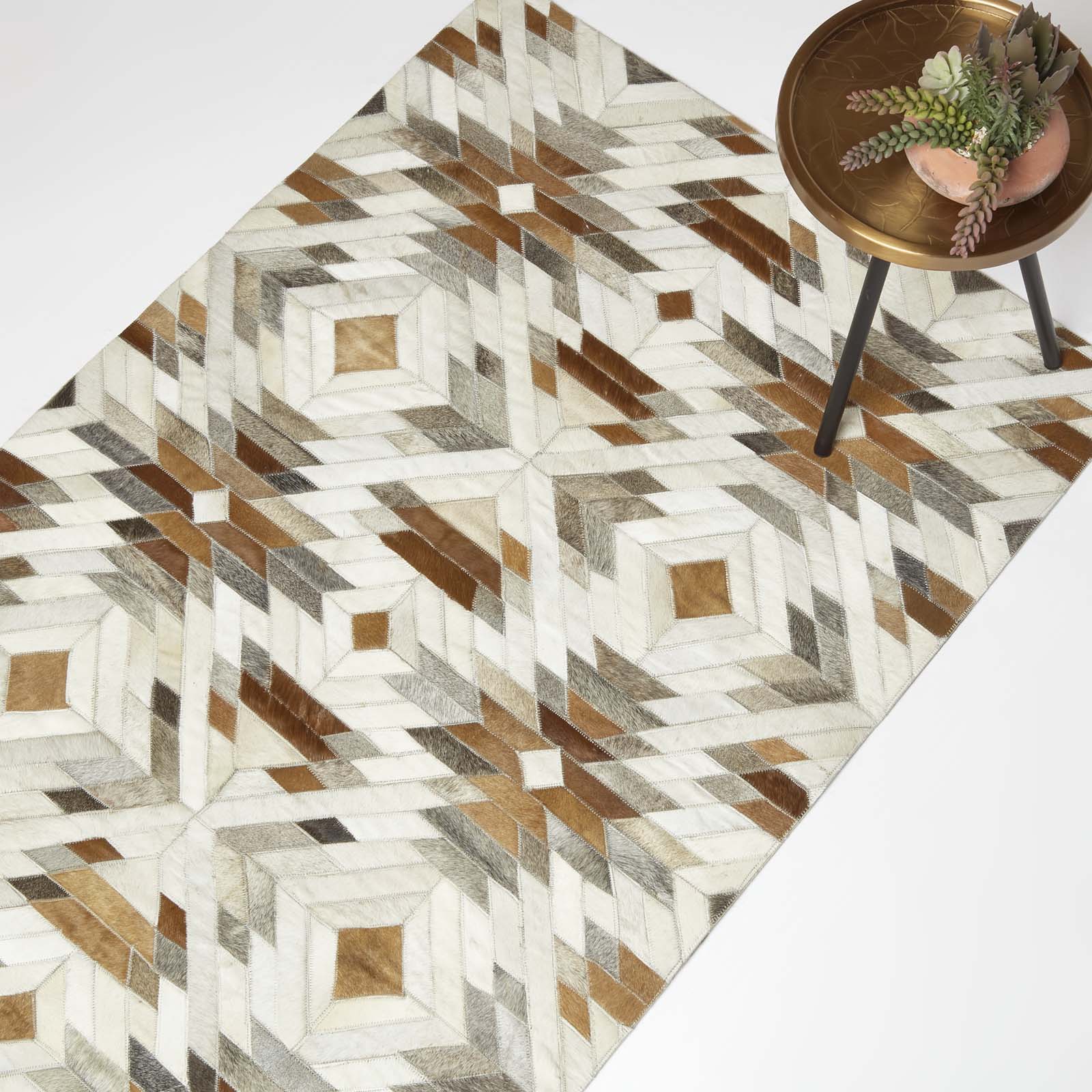 Geometric Leather Rug, 90 X 150 Cm | 150cm x 95cm | Cream & Brown
