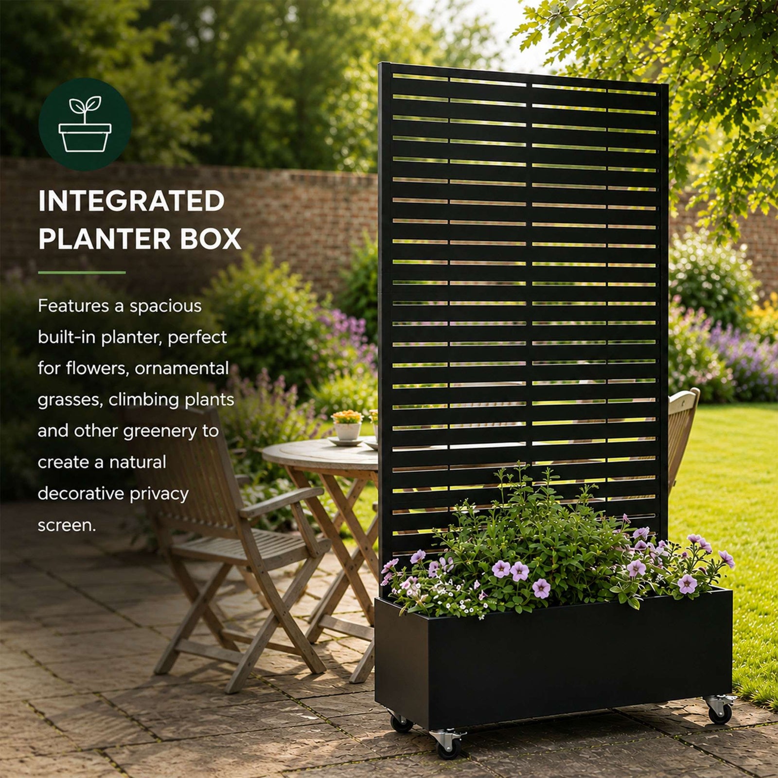 Metal Privacy Screen With Plant Pot - Slat | Black