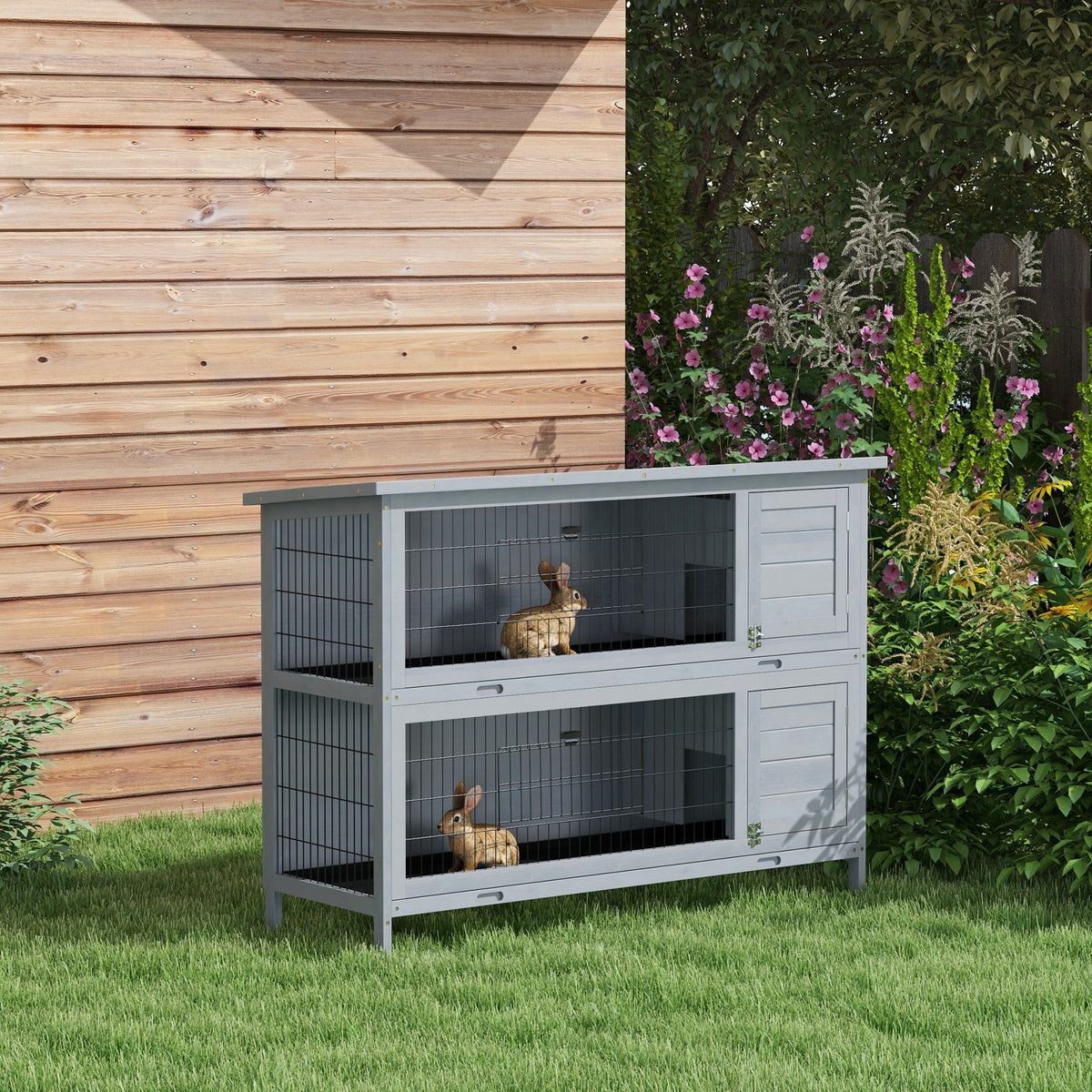 Rabbit Hutch For Two Rabbits Outdoor Guinea Pig Cage W/ Removable Trays, Grey