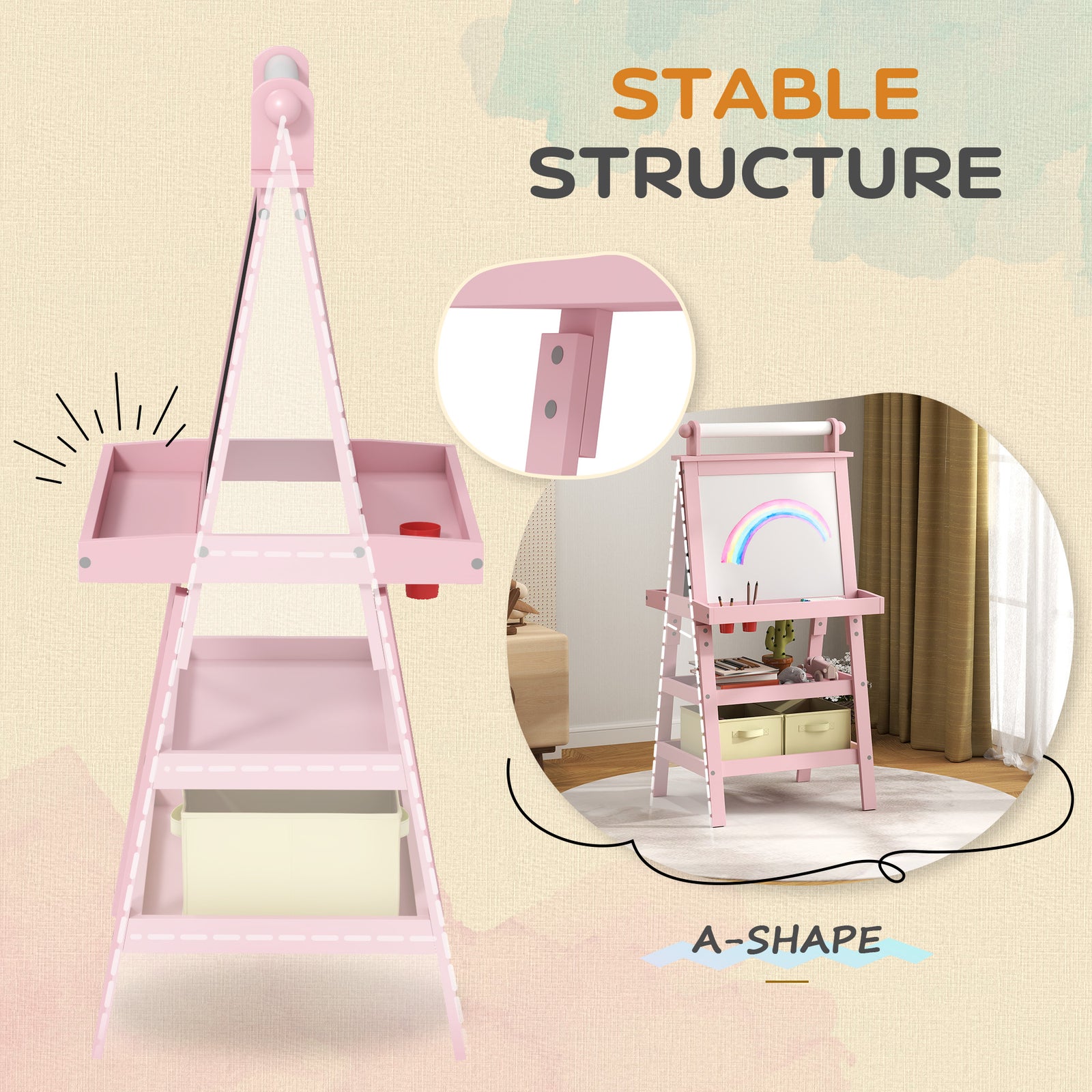 Double-sided Art Easel For Kids W/ Paper Roll, Storage Baskets | Pink