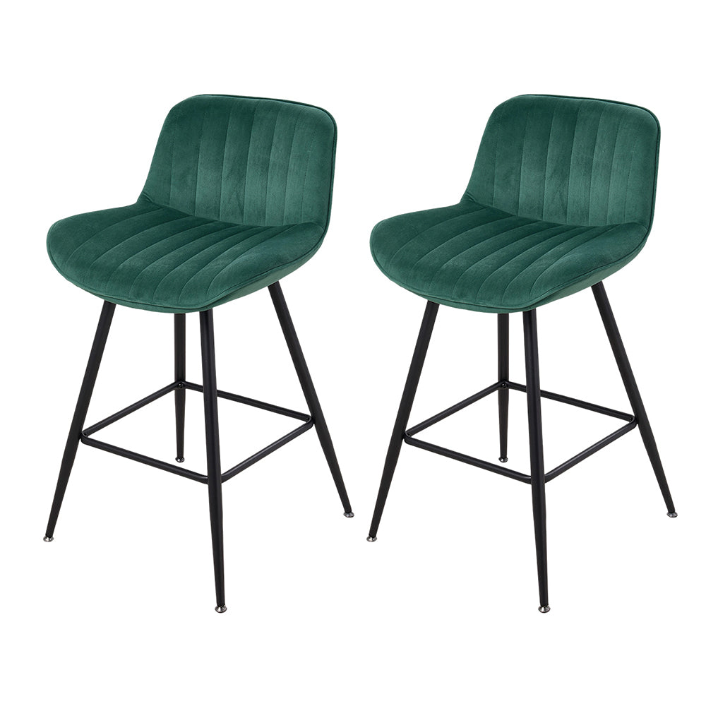 Set Of 2 Modern Flannel Bar Stools With Backrest – Soft Padded Seat, Metal Legs | Dark Green