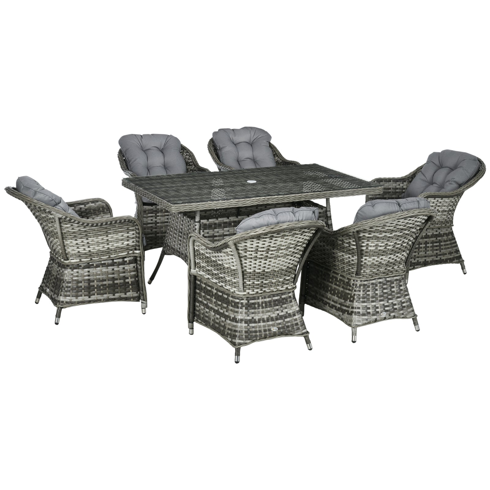 7 Pcs Rattan Dining Set W/ Tempered Glass Table