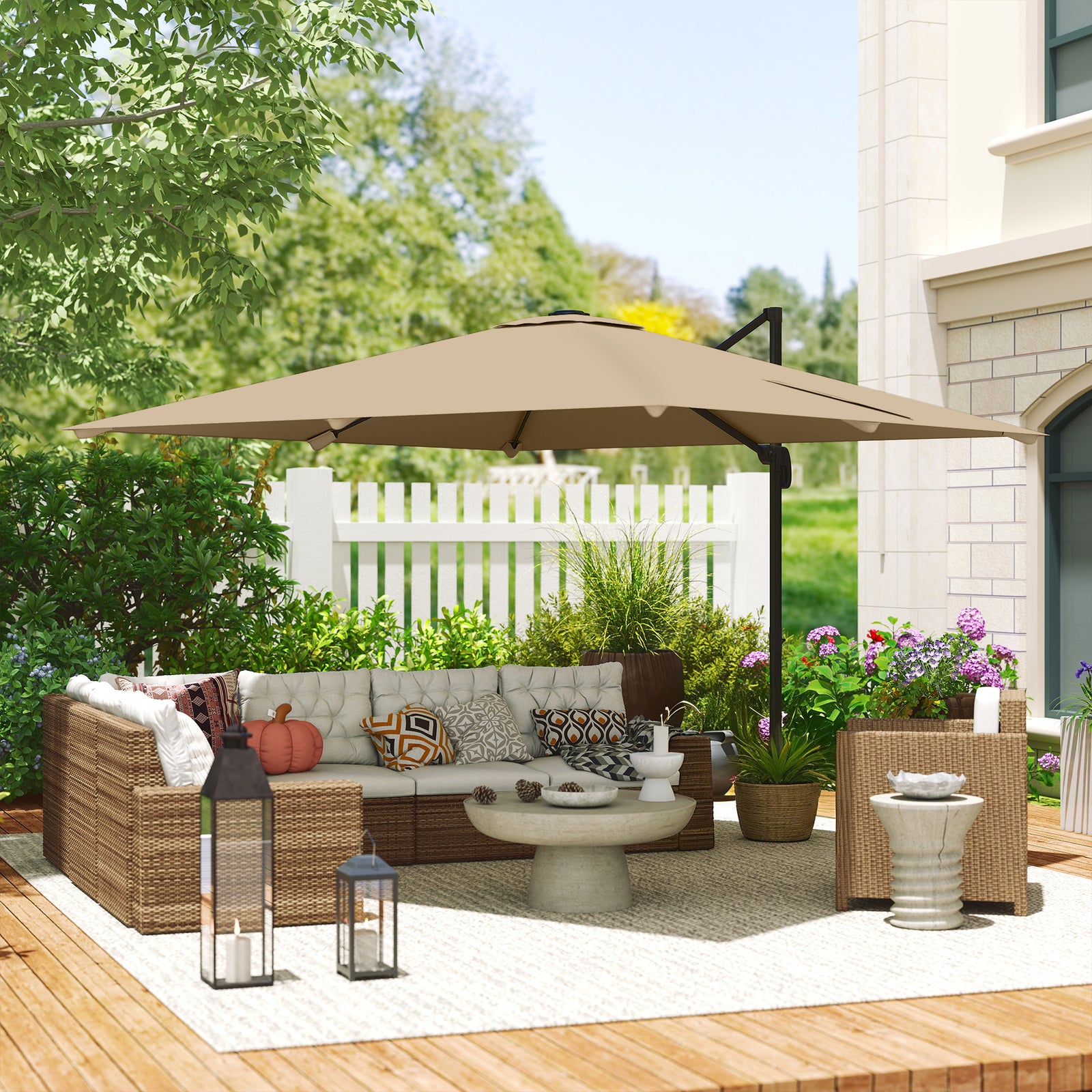 3 X 3 M Cantilever Parasol, Square Patio Umbrella With Crank Handle | Khaki