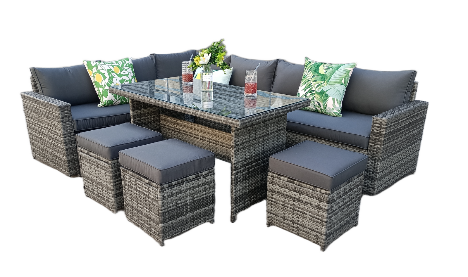 The Tarporley Grey 9 Seat Corner Rattan Dining Set - Fixed Table
