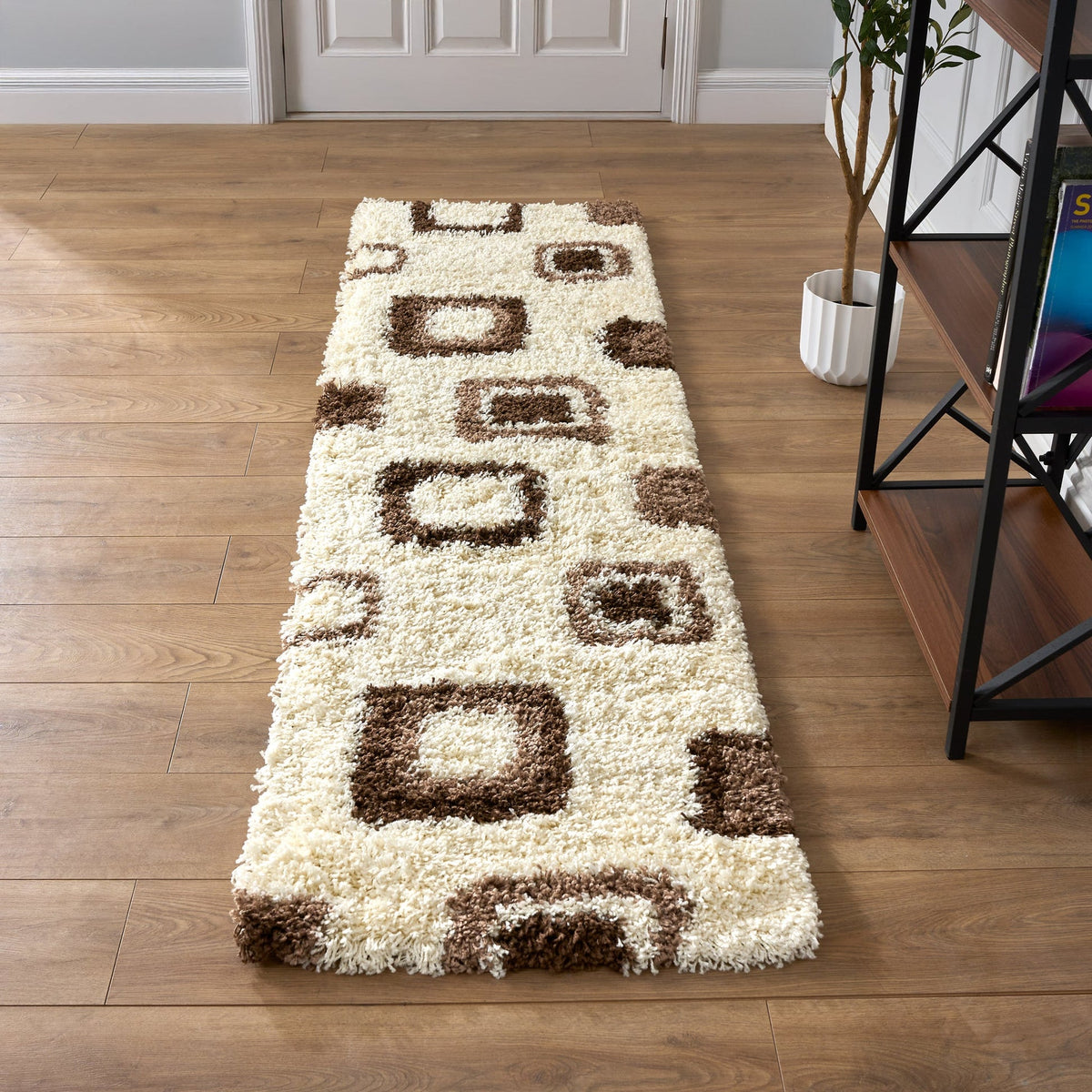 Geometric Thick Shaggy Fluffy Deep Pile Living Room Runner | 60cm x 230cm | Cream