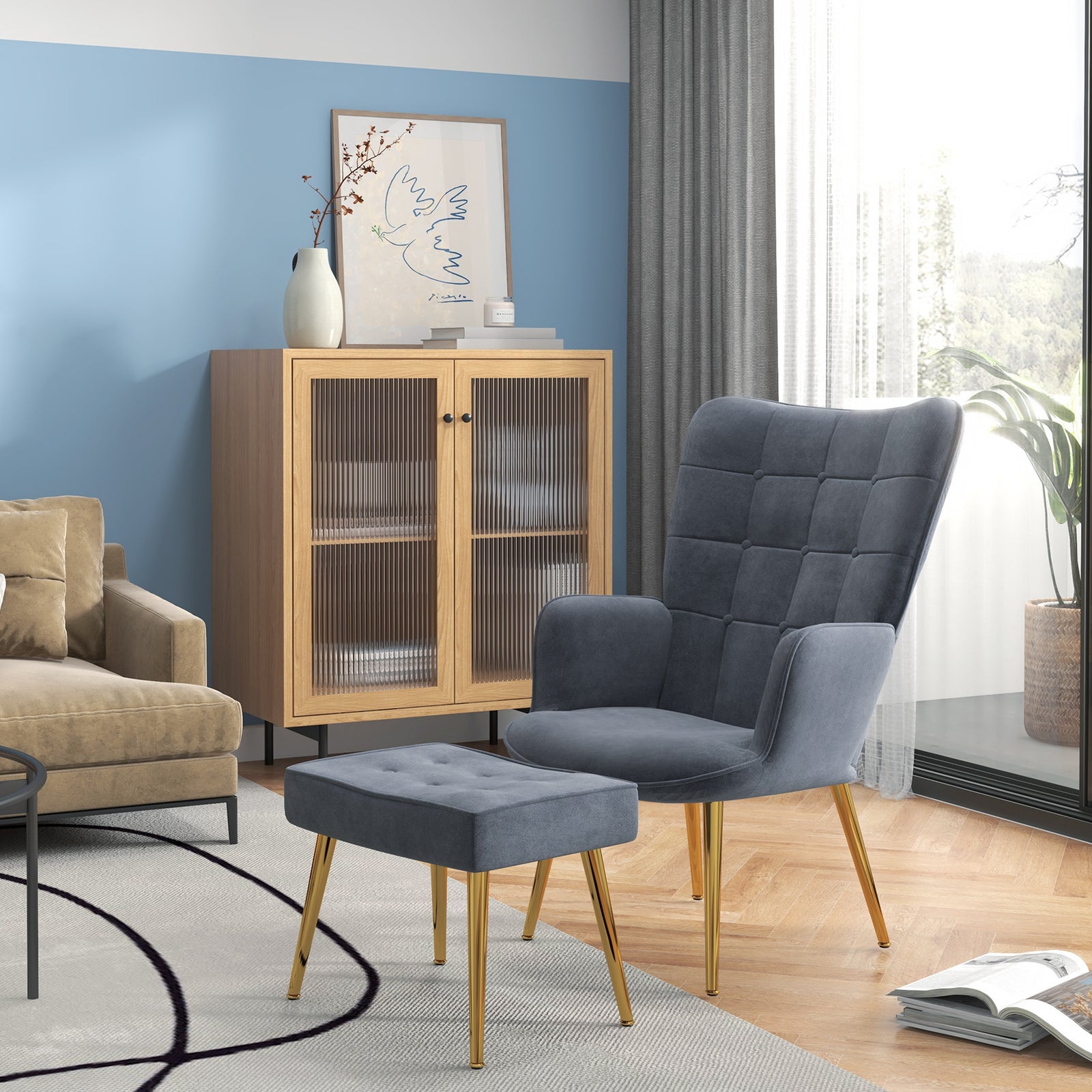 Button Tufted Armchair With Footstool Gold Tone Steel Legs | One Size | Dark Gray