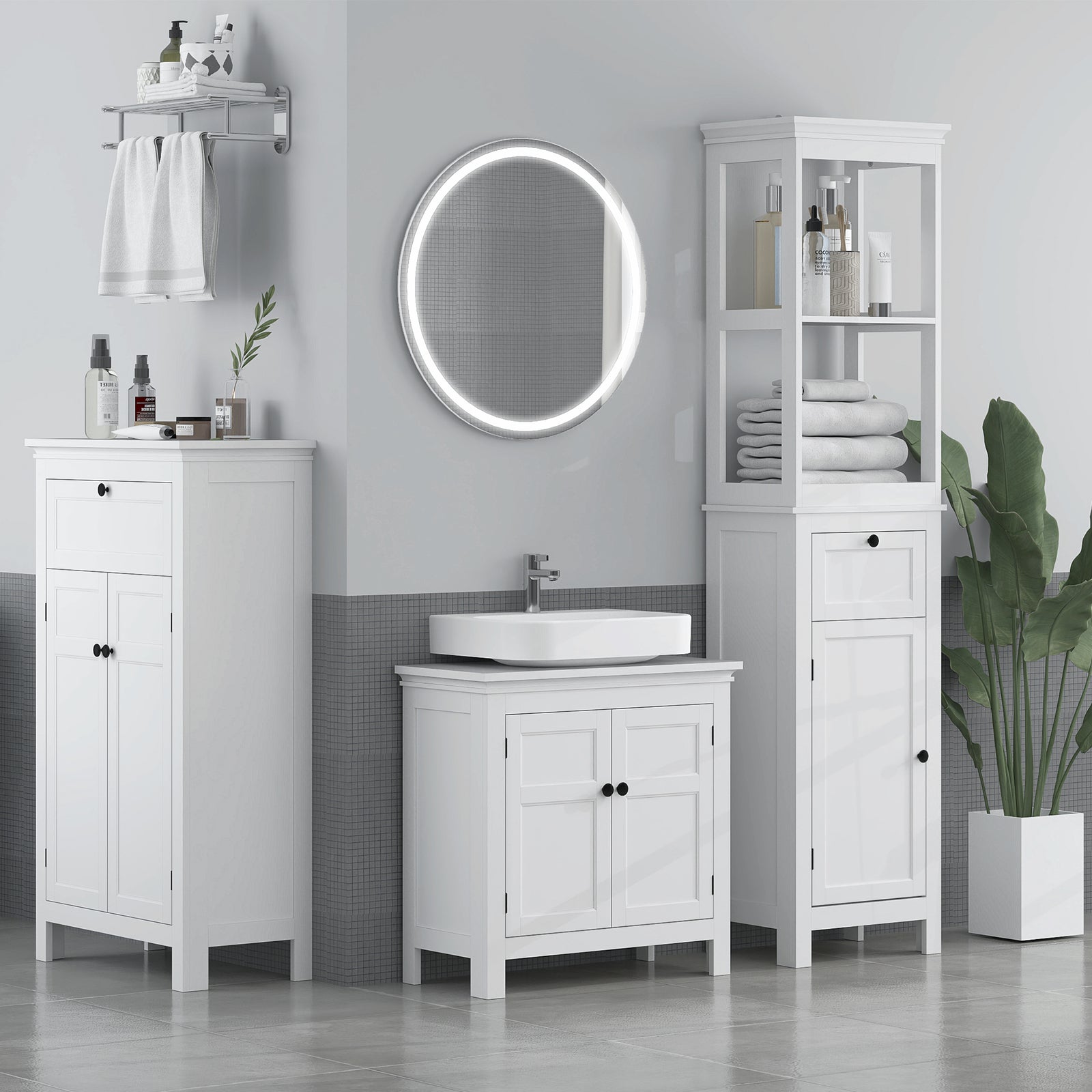 Slim Bathroom Storage Cabinet With Open Shelves And Drawer