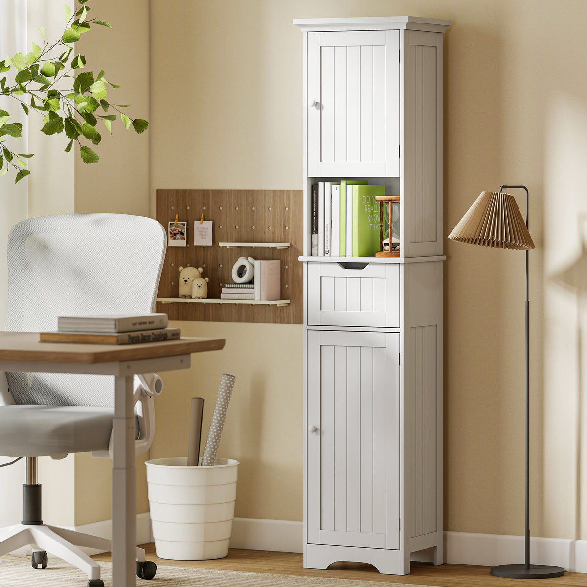 HOMCOM 170cm Tall Bathroom Storage Cabinet With Led Light, Adjustable Shelf
