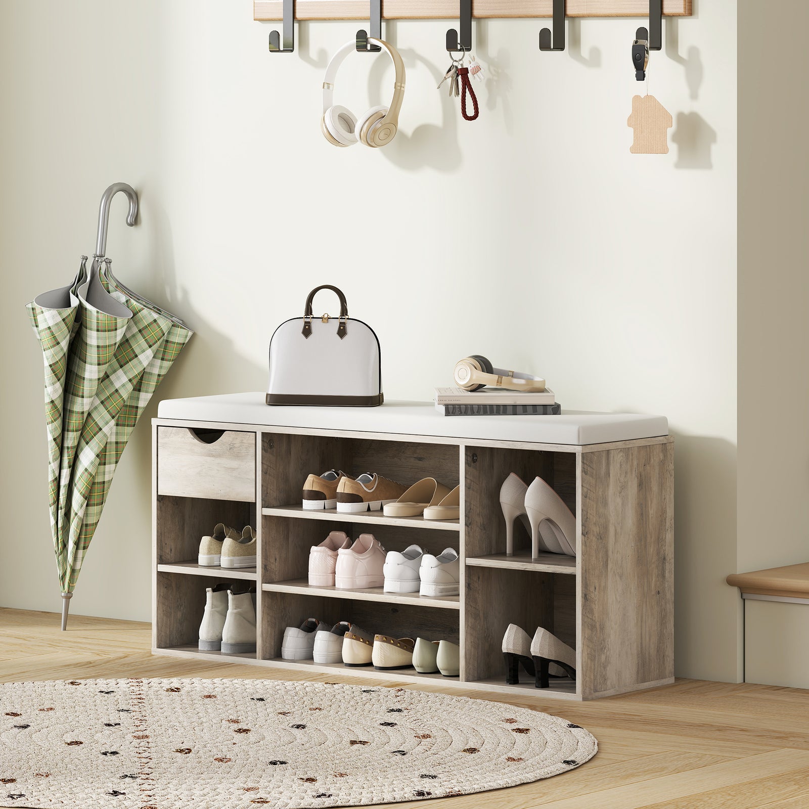 Shoe Storage Cabinet Bench W/ Cushion Adjustable Shelves Grey