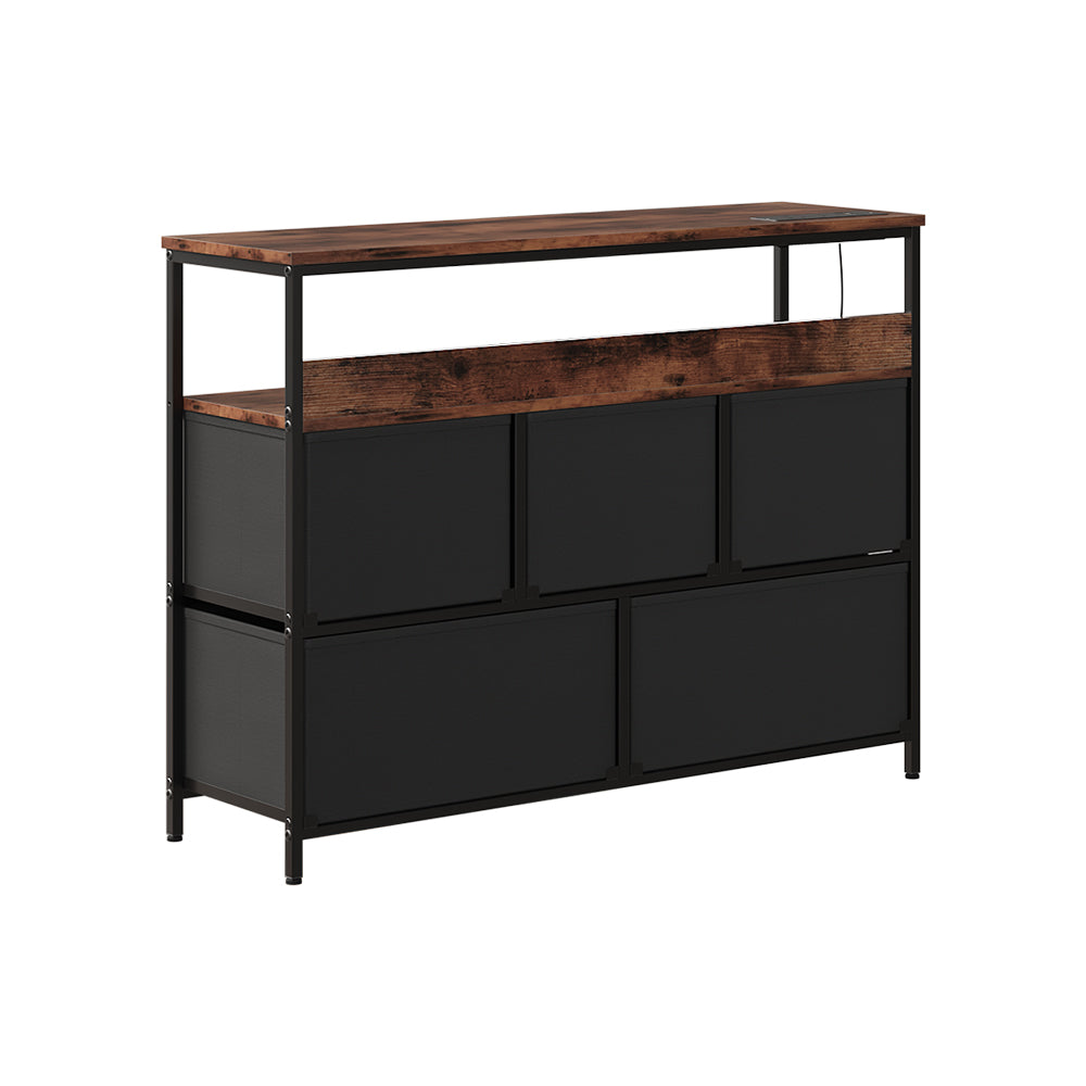 5-drawer Metal Frame Chest Of Drawers Storage Cabinet With Power Strip | Rustic Brown