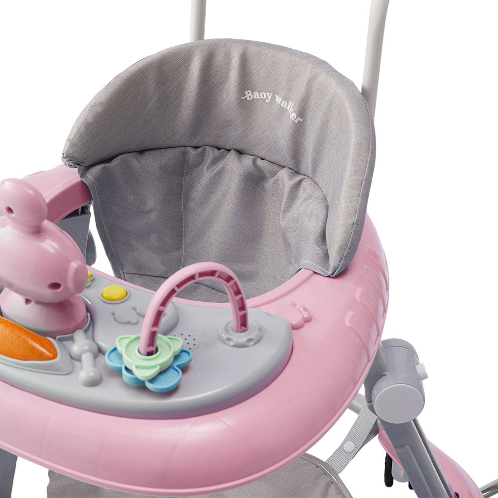 Adjustable Baby Walker With Sunshade, Foldable Walker, Multifunctional Baby Walker, Feeding Tray, Interactive Music, Toys, Wheel Safety Breaks, | Pink