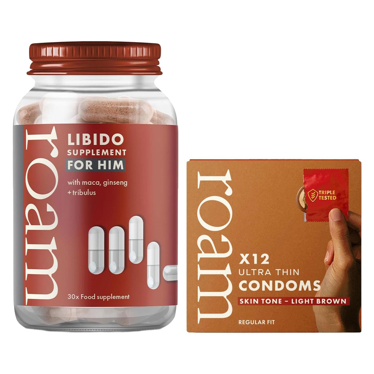 Libido For Him & Light Brown Condom Bundle Male Vitality Energy Support