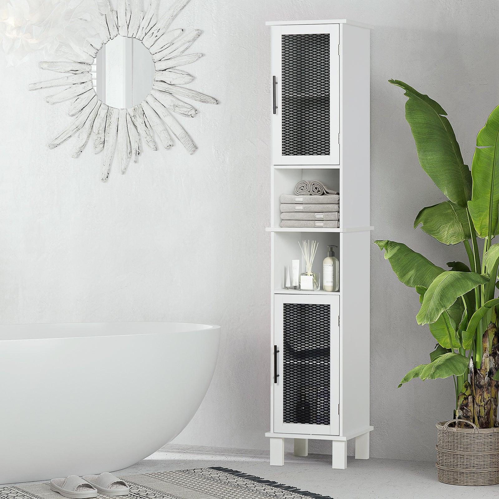 HOMCOM 6-tier Retro Bathroom Cabinet Patterned Glass Door Anti-tilt