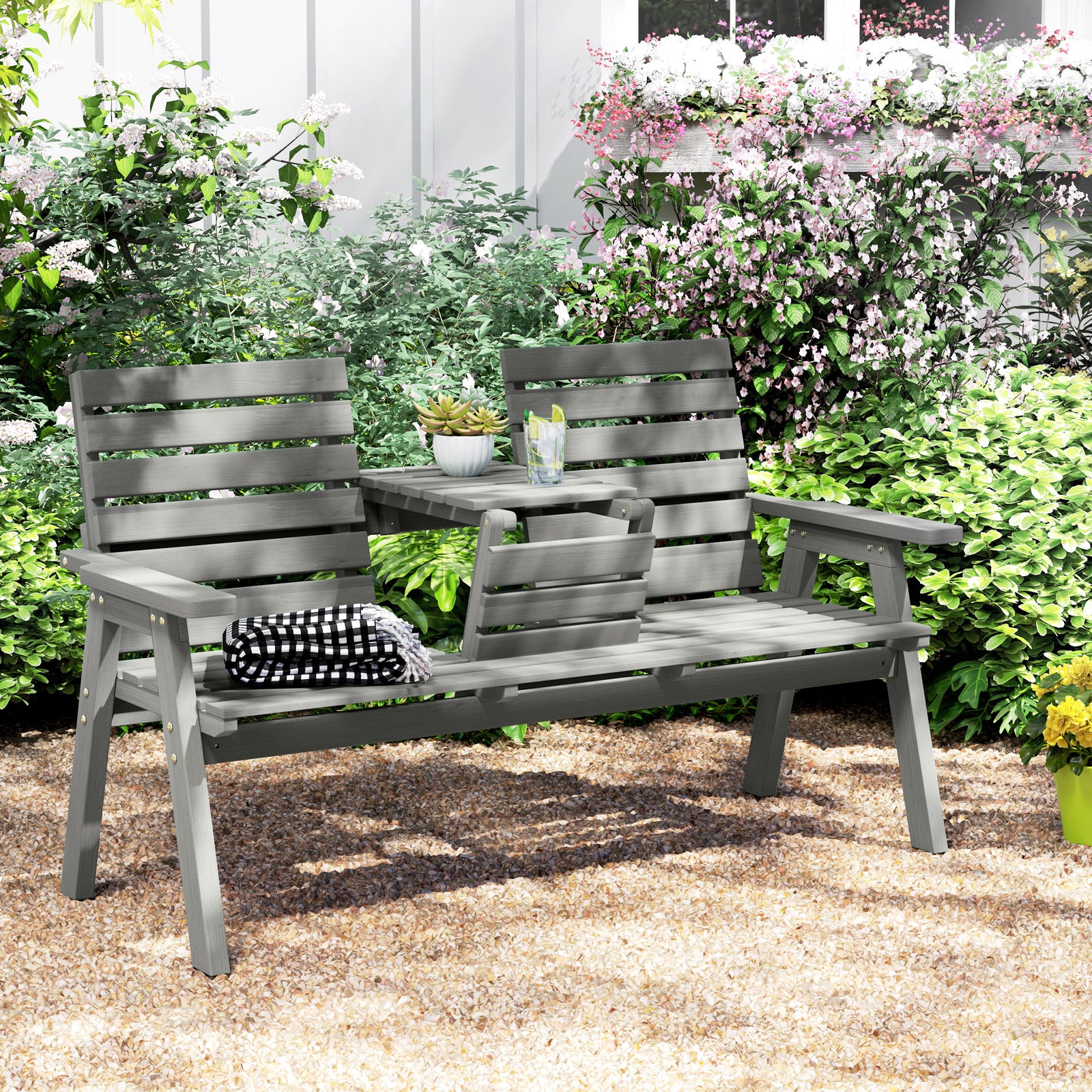 Convertable 3-seater Wood Bench Table Garden W/ Armrests