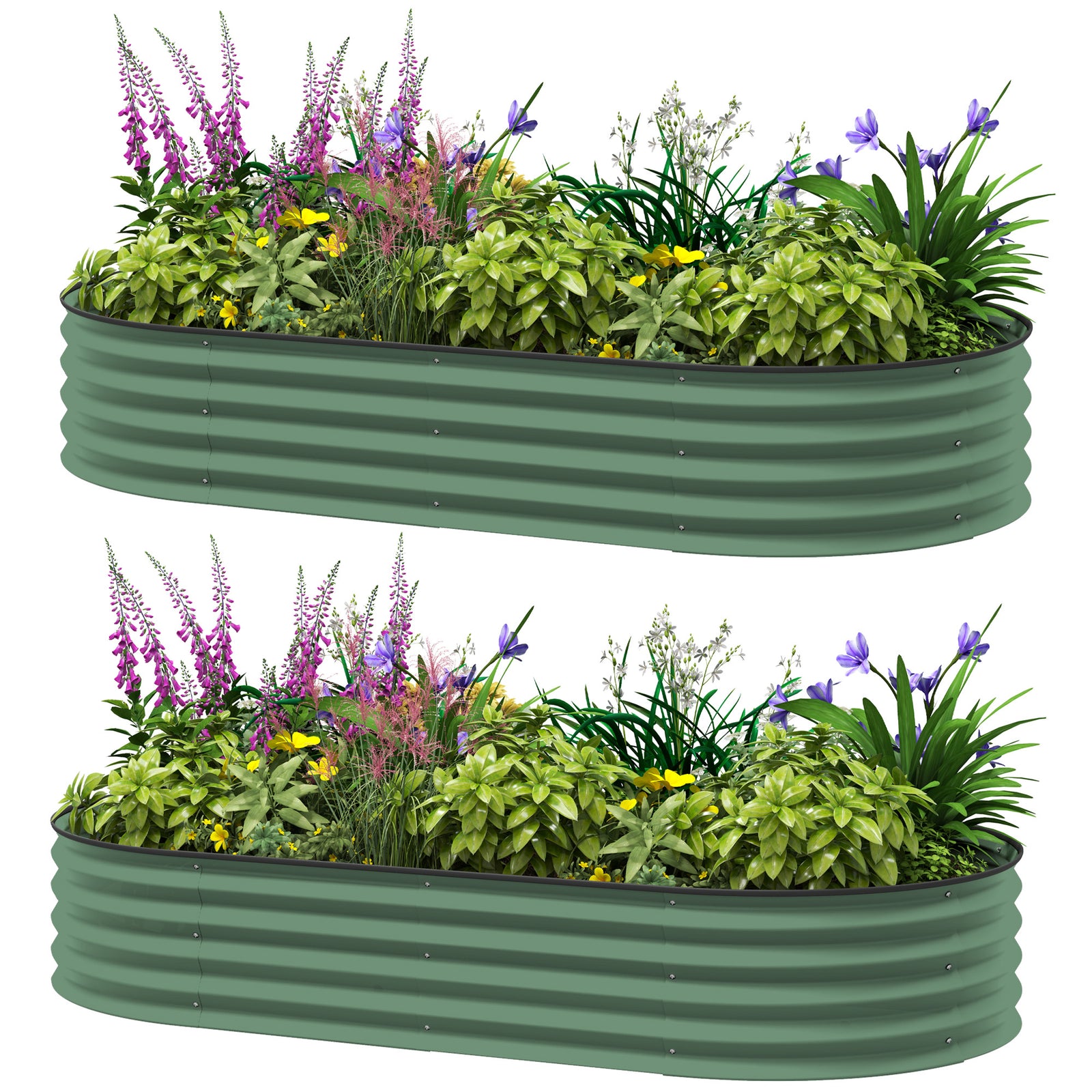 Set Of 2 Raised Beds For Garden W/ Metal Plant Stakes | Green