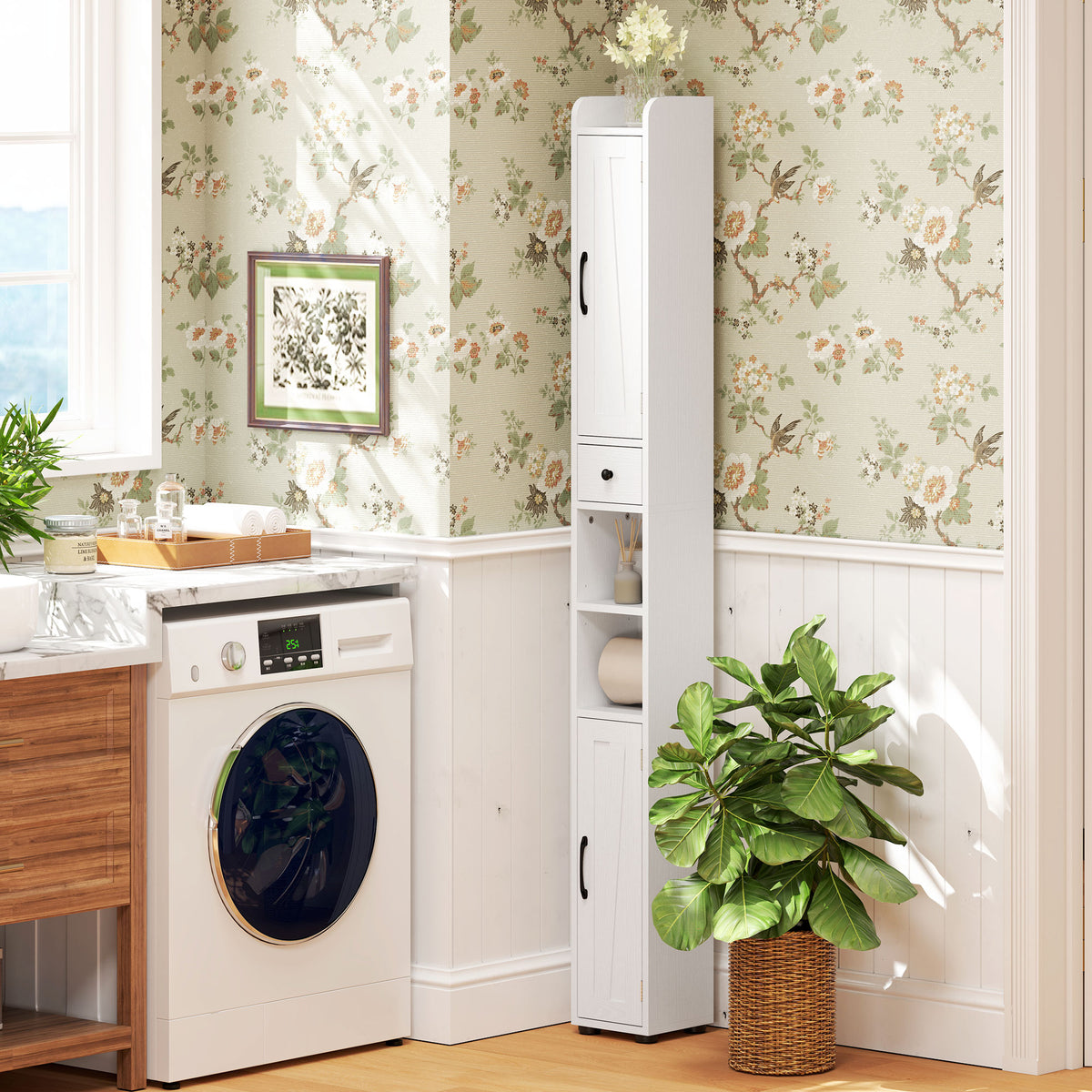 HOMCOM Tall Bathroom Storage Cabinet Slim Bathroom Cabinet With Drawer White