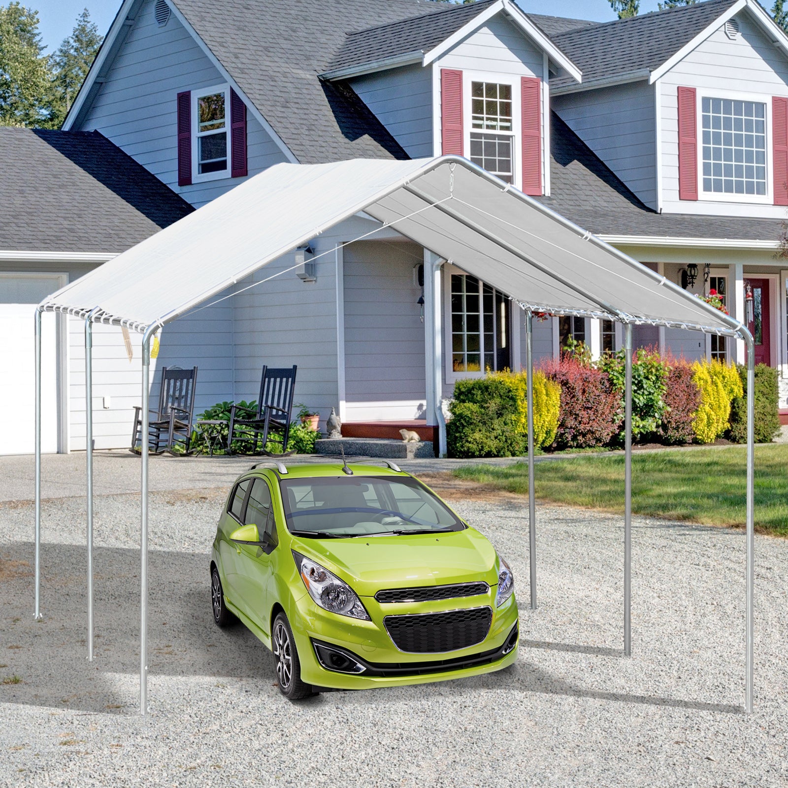 2-rooms Outdoor Carport Galvanized Steel Tent Uv Resistant | White