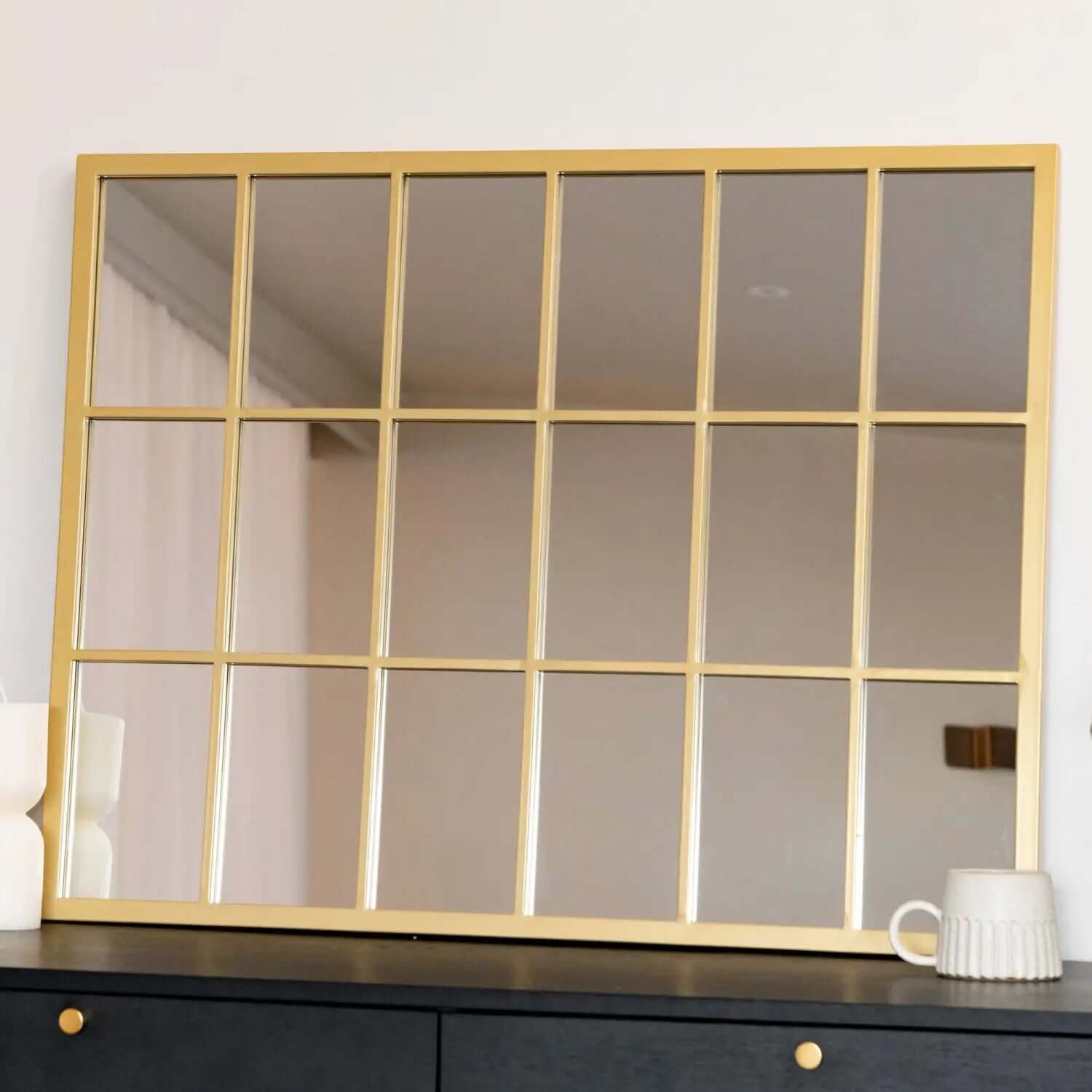 Kyō - Metal Rectangle Lattice Window Mirror | 90cm x 70cm | Gold