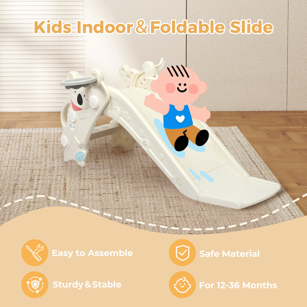 4-in-1 Kids Slide Set Basketball Hoop Ring Toss Foldable Indoor Playground | Beige