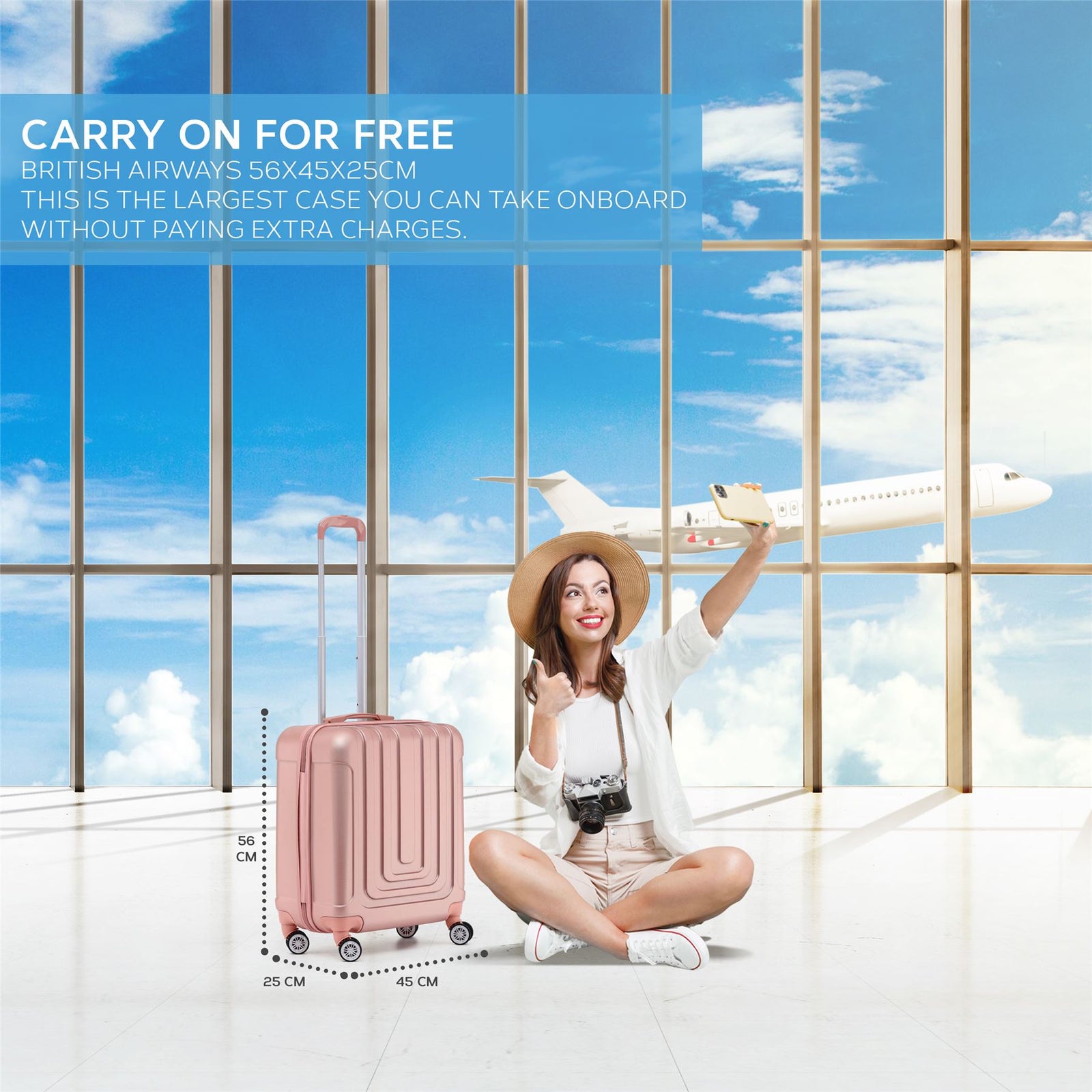56x45x25cm Large Cabin Carry On Case - Overhead Luggage Suitcase - 4 Spinner Wheels - Abs Hard Shell Cabin Bag | Cabin | Rose Gold