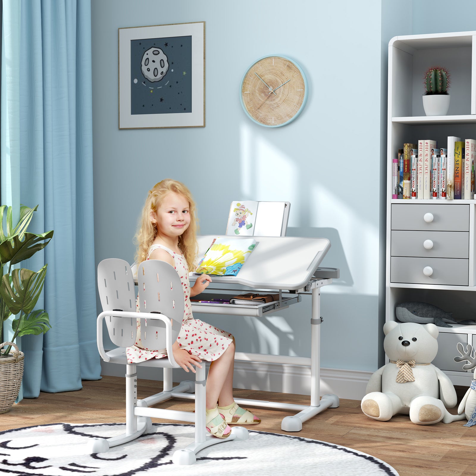 Height Adjustable Kids Desk And Chair Set W/ Tilted Desktop | Grey