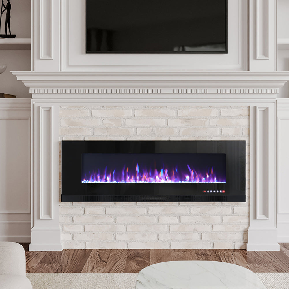 60inch Black Electric Fireplace, Wall Mounted Or Recessed With 12 Flame Colors & Freestanding Legs
