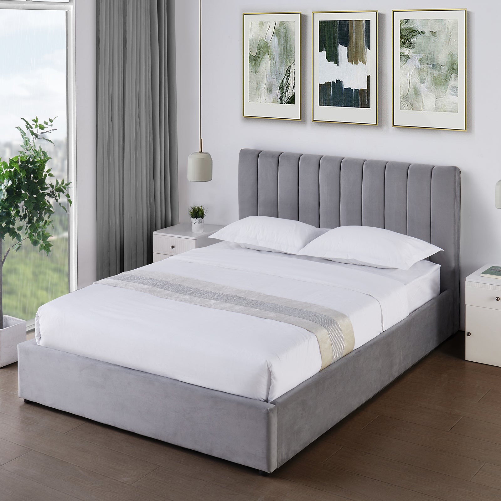 Corwin Grey Velvet Ottoman Storage Bed Frame - 4 Sizes Available | King
