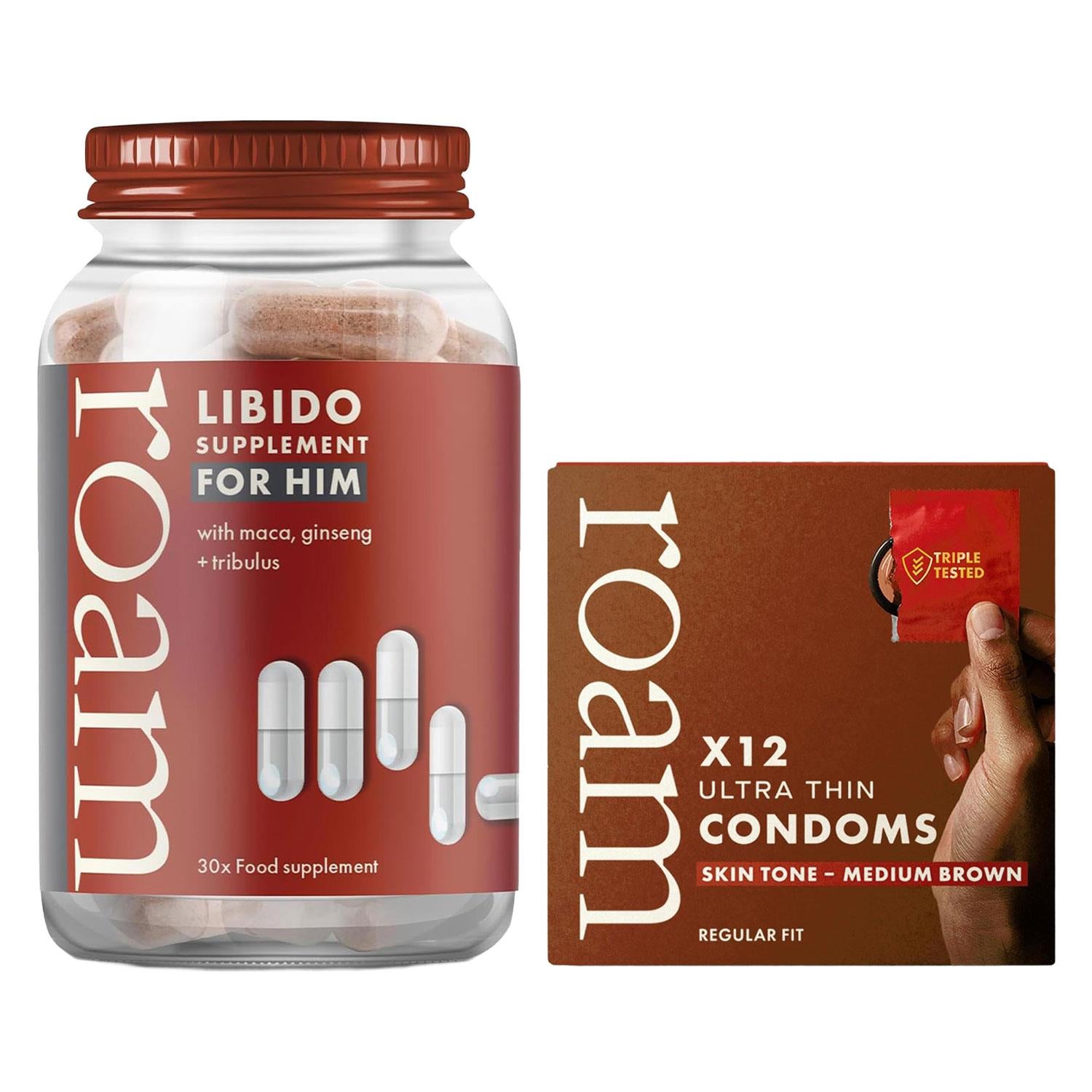 Libido For Him & Medium Brown Condom Bundle Male Energy Vitality Support