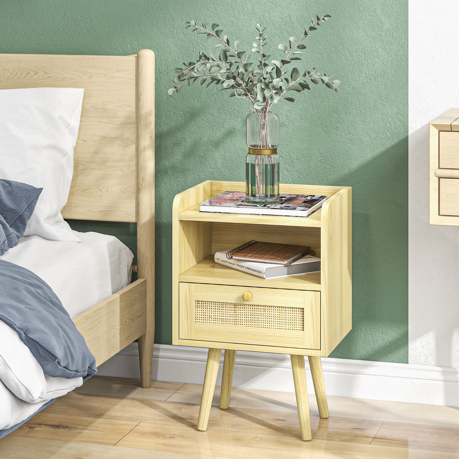 Bedside Tables, Set Of 2, Boho Side End Table W/ Drawer