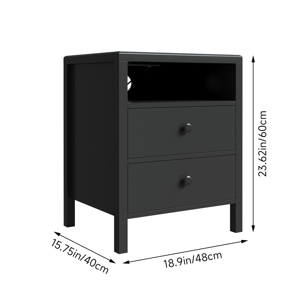 Bedside Tables With Charging Station & Drawers | Set of 2 | Black