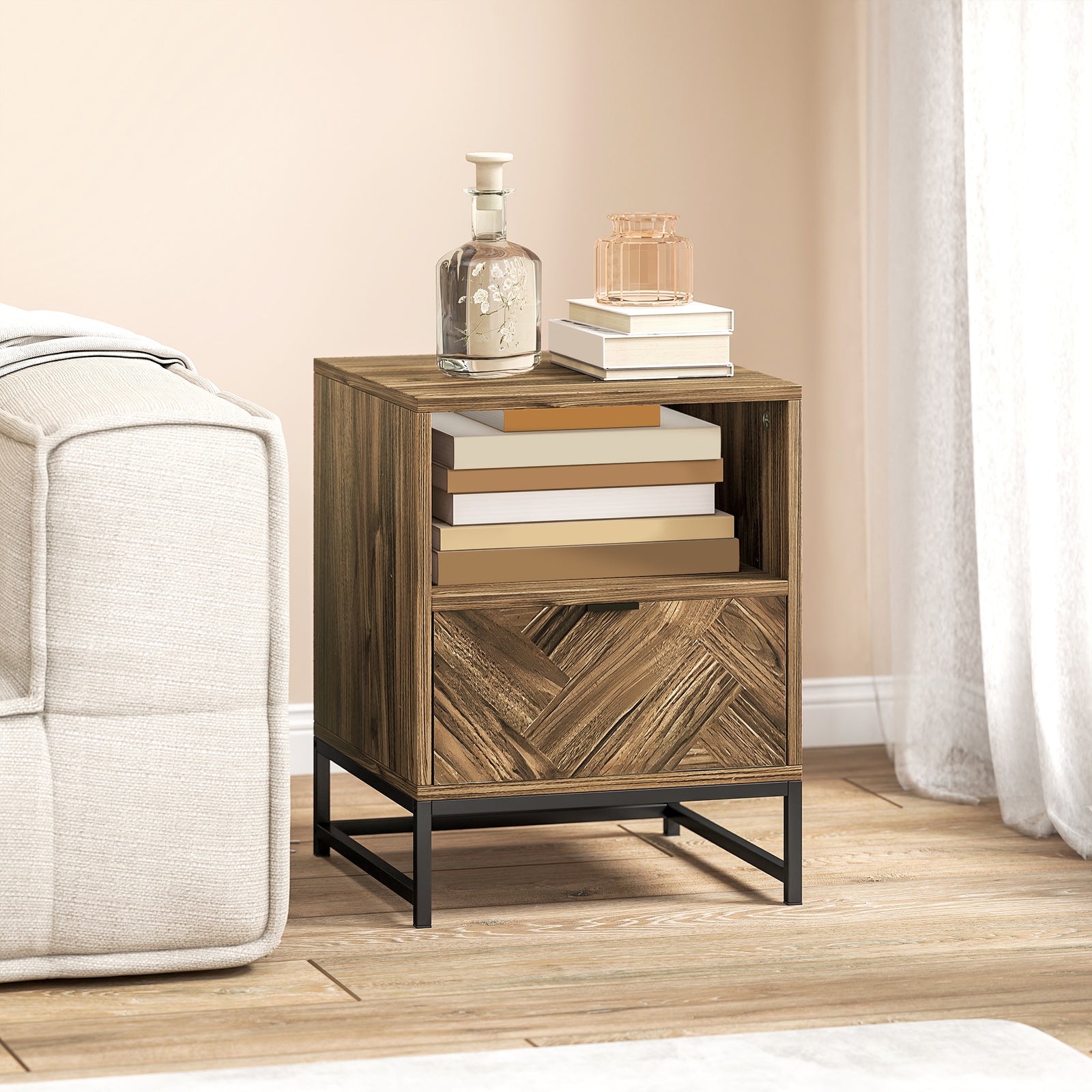Bedside Table, Sofa Side Table With Drawer For Bedroom, Brown