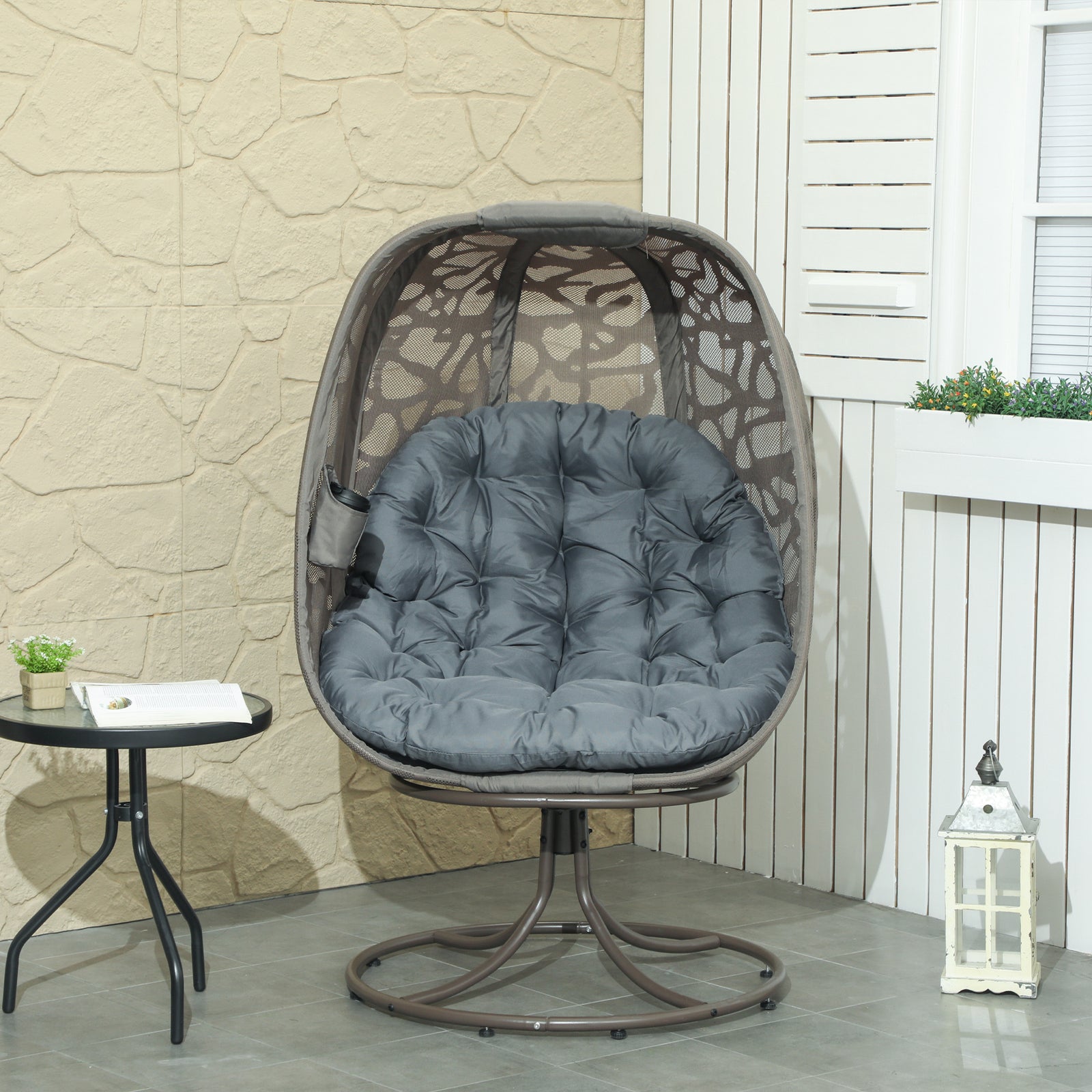 Foldable Egg Chair With Cushions, Outdoor Swivel Lounger