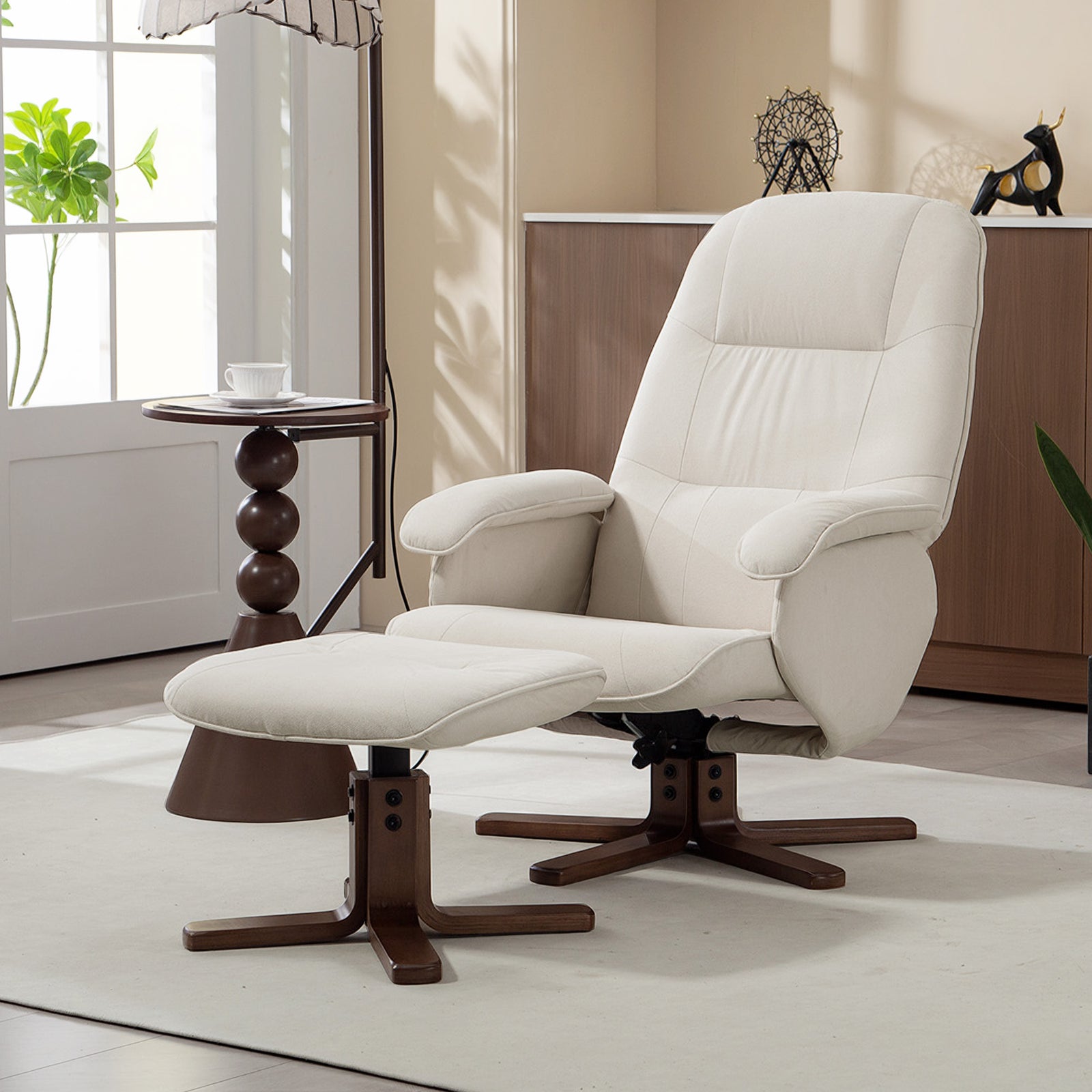 HOMCOM Swivel Recliner Chair With Footstool And Wooden Base, Beige