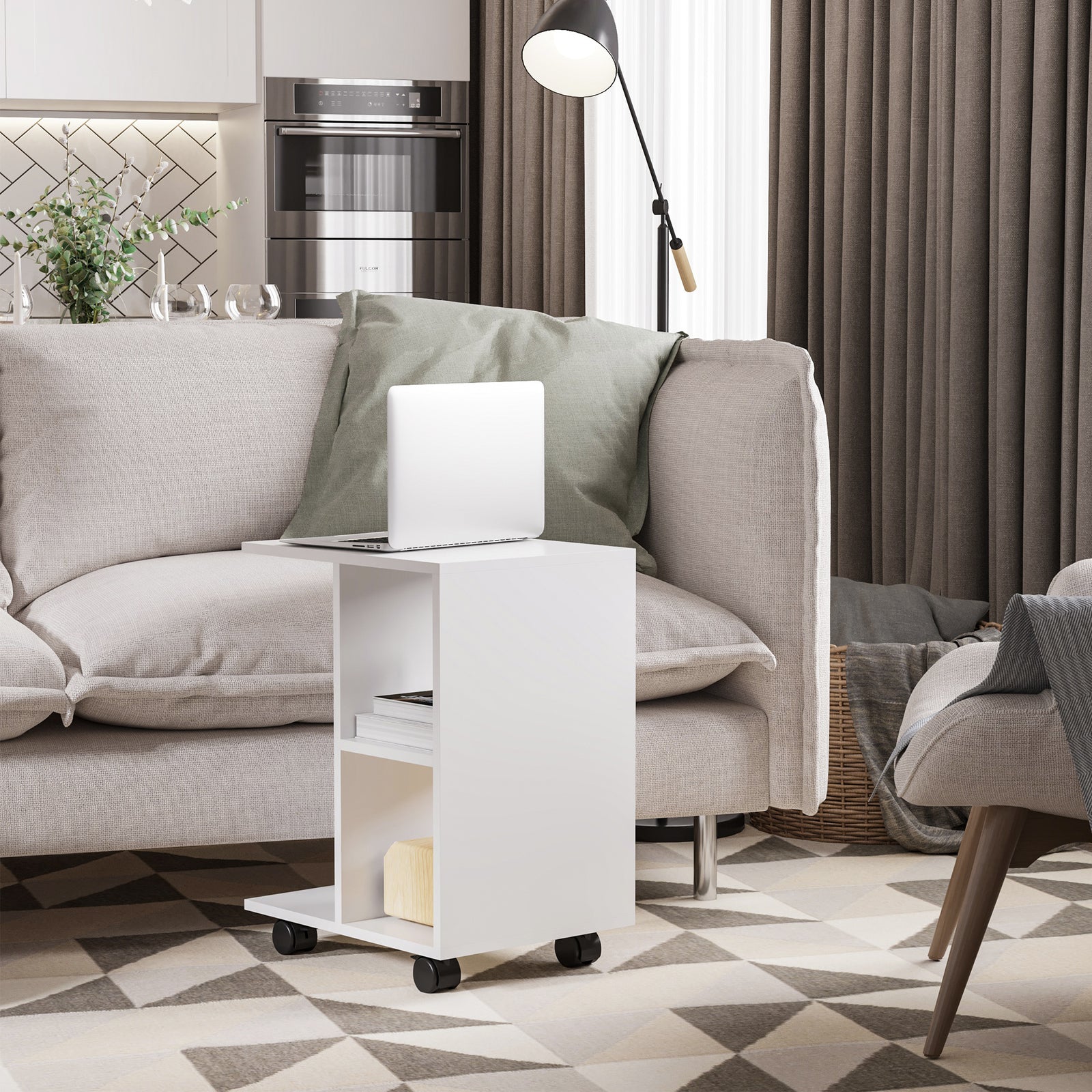 End Table Unique Storage Unit W/ 2 Shelves 4 Wheels Home | Jet Black
