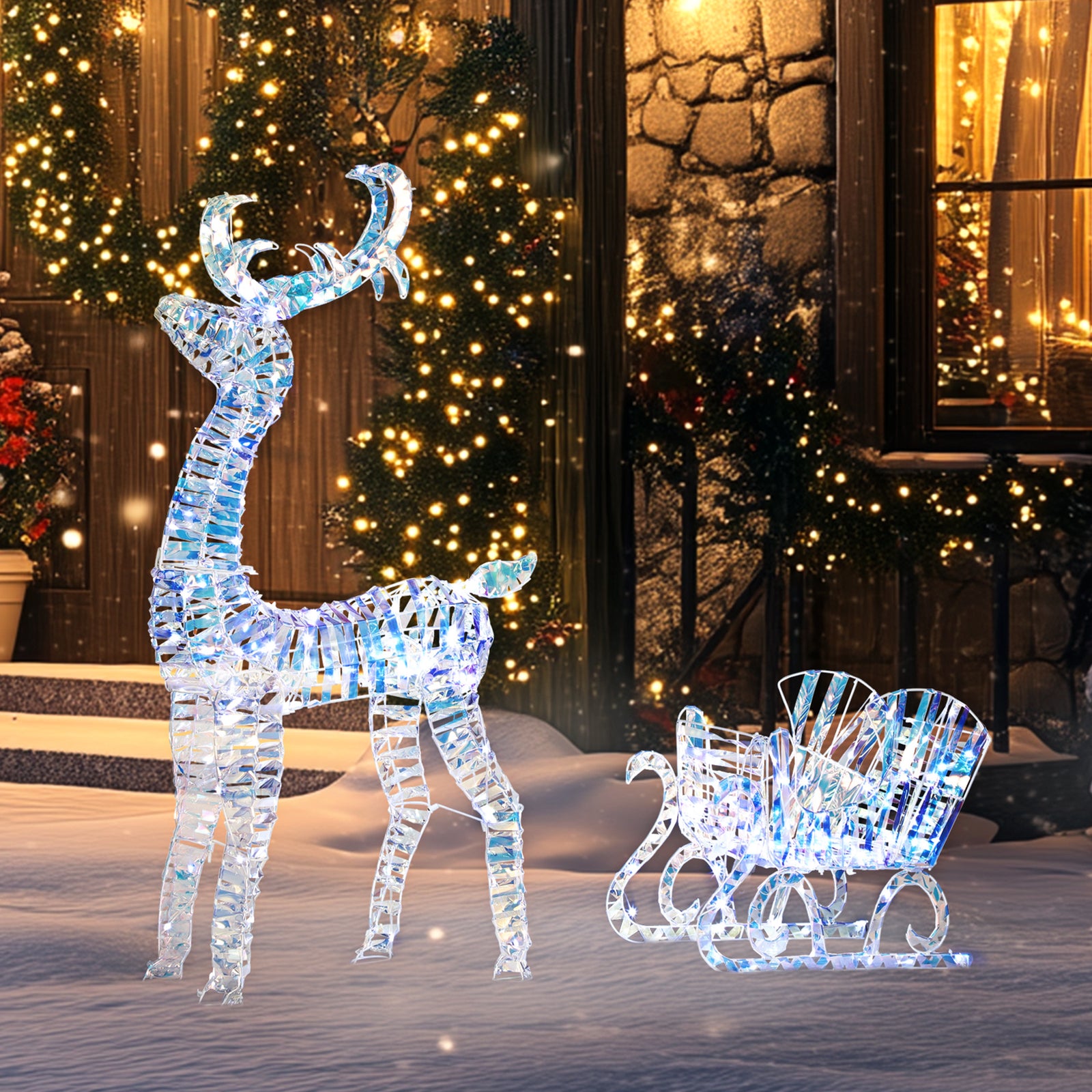 Lighted Christmas Reindeer With Sleigh, Waterproof Holiday Decor