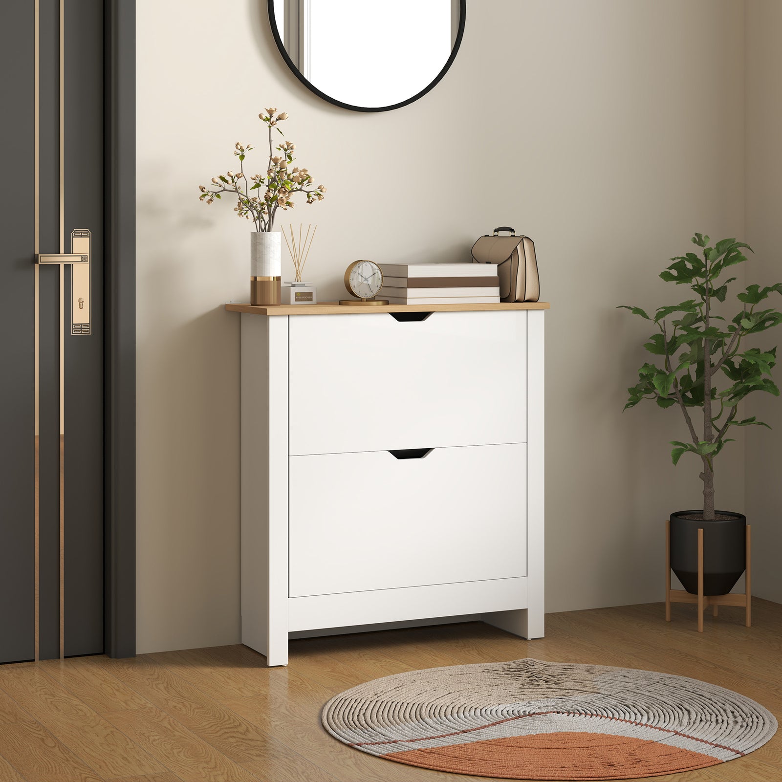 12-shoe Storage Cabinet 4 Shelves 2 Drawers Tabletop | White